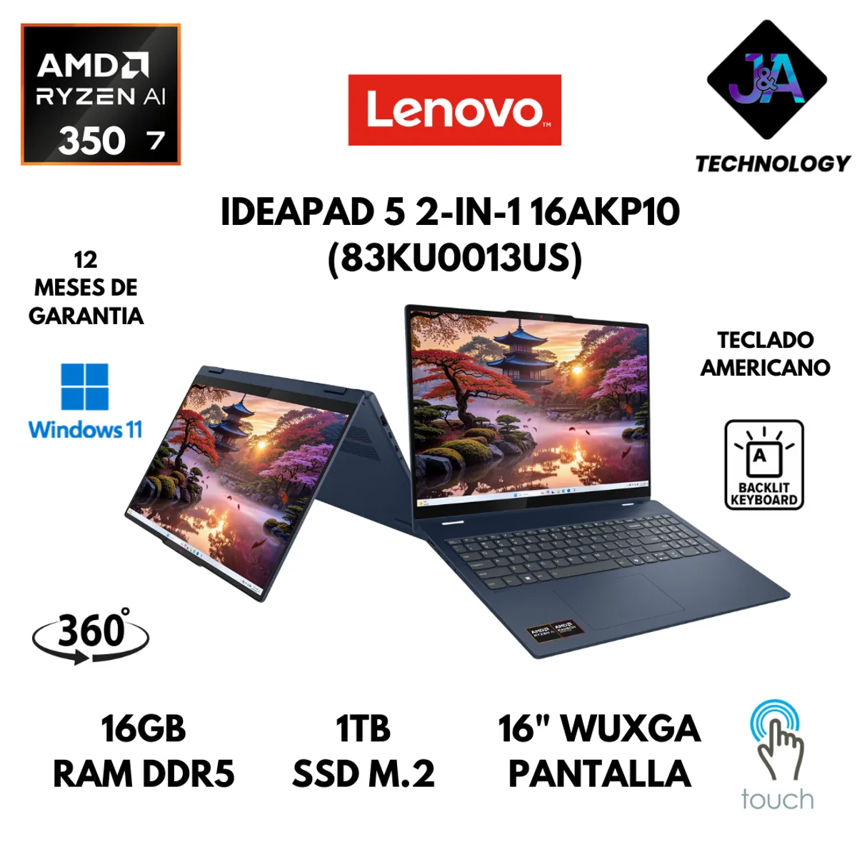 LENOVO - LAPTOP LENOVO IDEAPAD 5 2 EN 1 AMD RYZEN AI 7 350 16GB RAM 1TB SSD 16" WUXGA WIN 11 AMERICANA