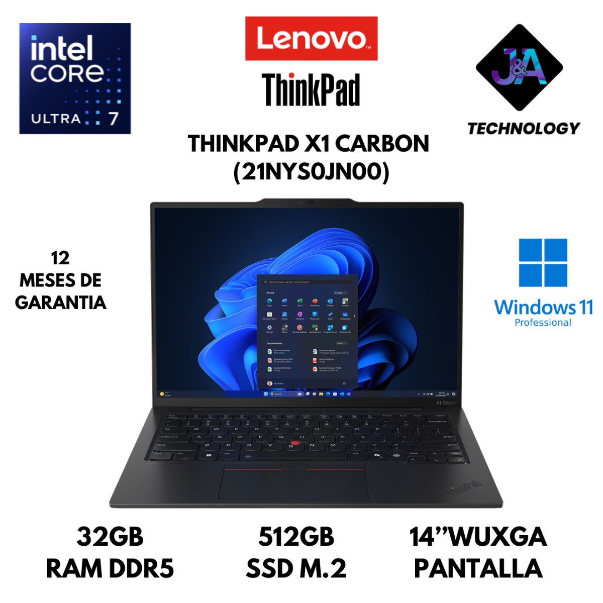 LENOVO - LAPTOP LENOVO THINKPAD X1 CARBON ULTRA 7 265U 32GB RAM 512GB SSD 14" WUXGA WINDOWS 11 PRO AMERICANA