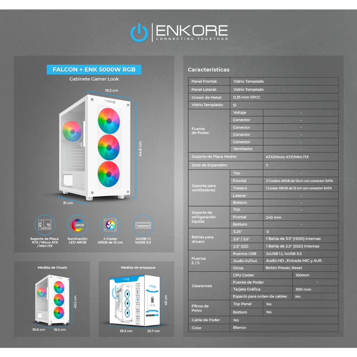 ENKORE - Case Gamer Enkore Falcon 5000w Rgb 4 Fan Usb 3.0 Blanco