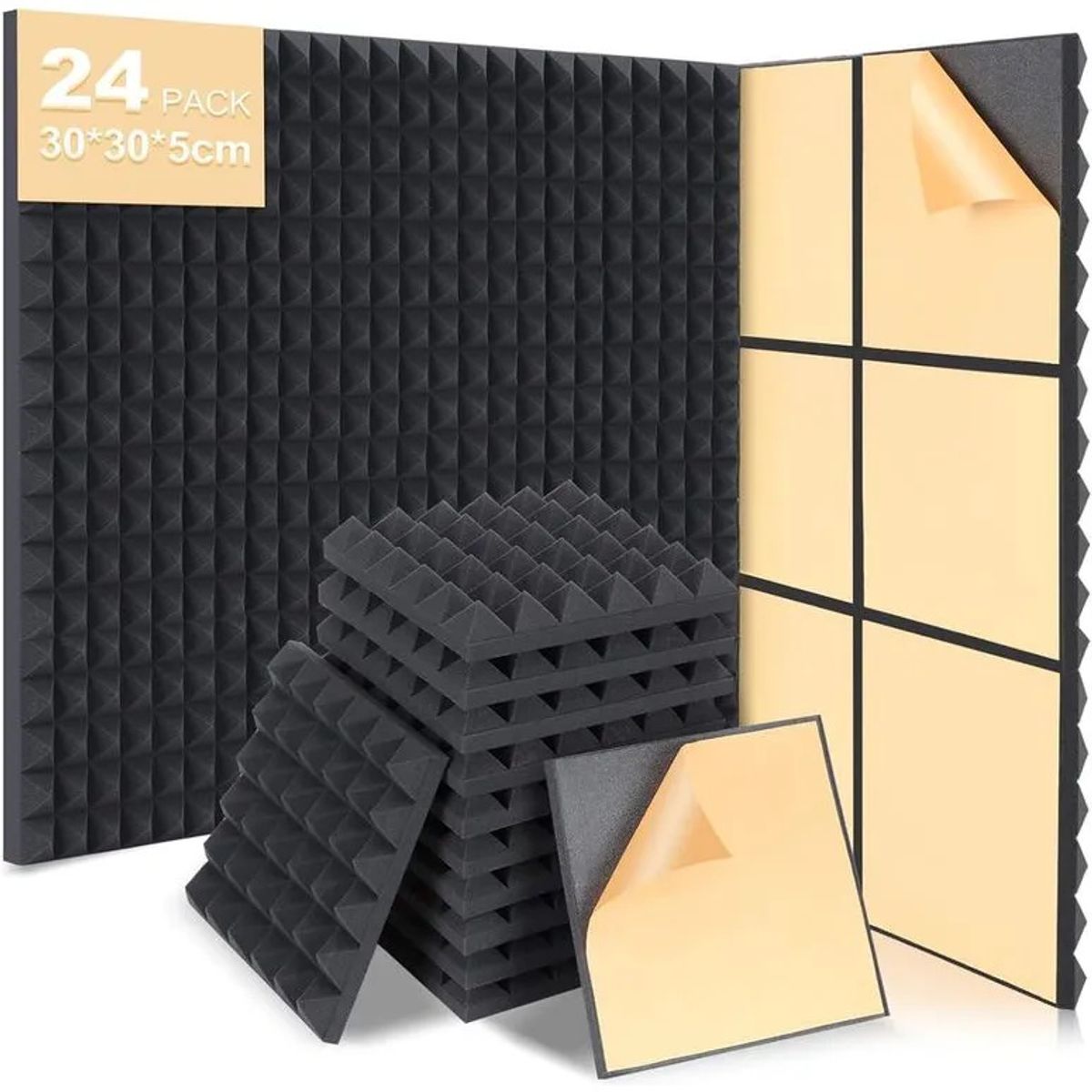 U BUY - 24 Paneles De Espuma Acústica Autoadhesiva,30x30x5cm Negro