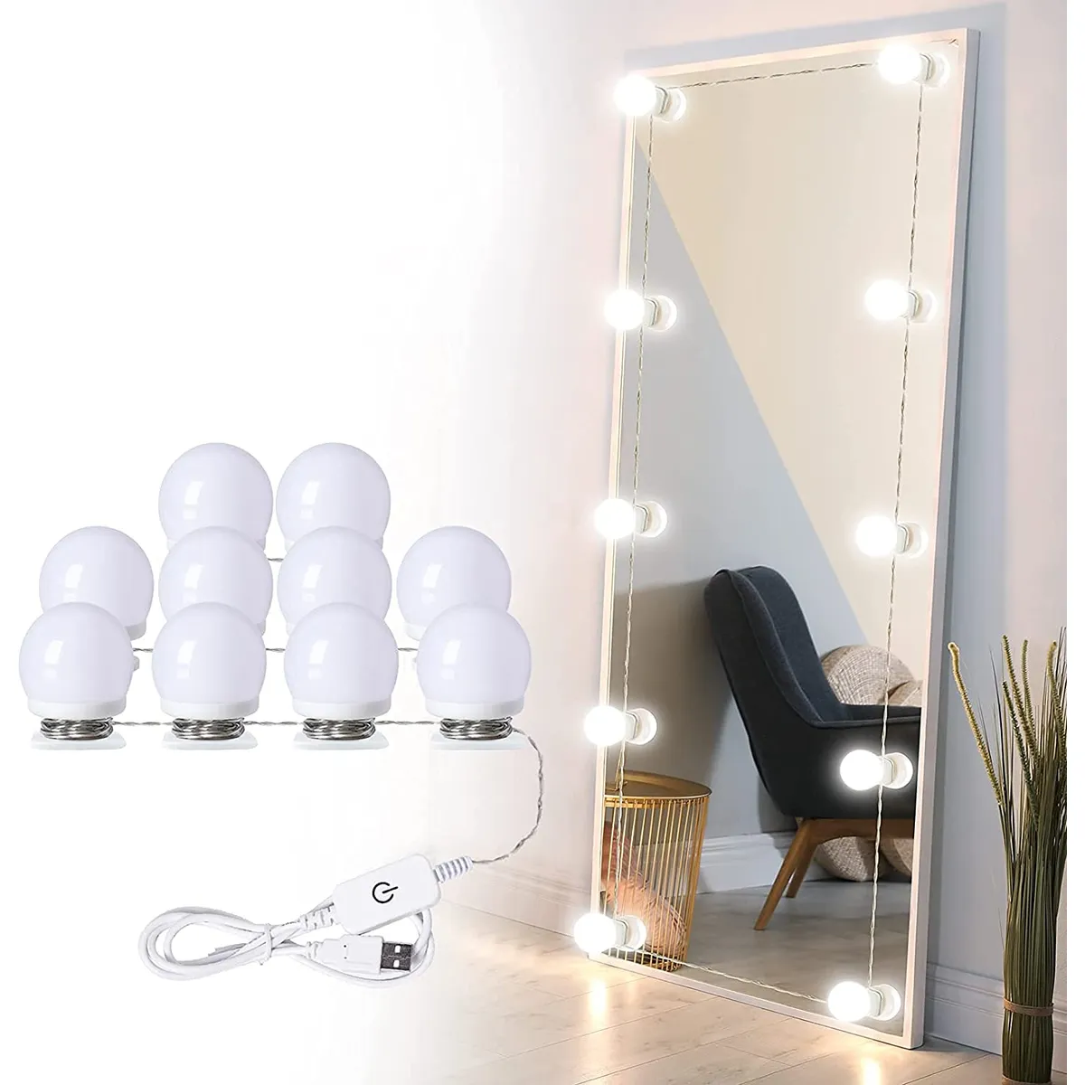 OEM - Luces LED para Espejo Maquillaje Estilo Hollywood - 10 Bombillas USB con Brillo Regulable