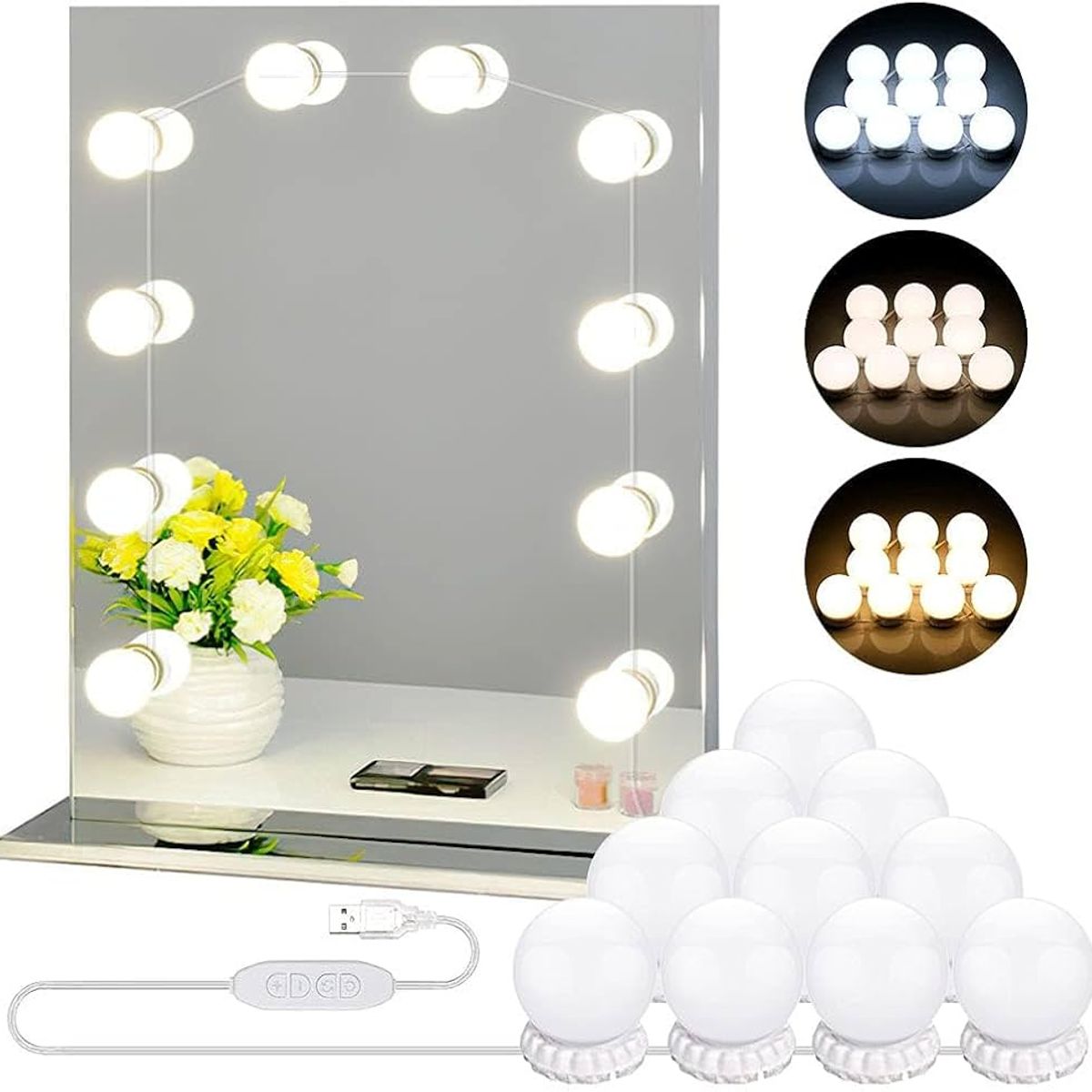 OEM - Luces LED para Espejo Maquillaje Estilo Hollywood - 10 Bombillas USB con Brillo Regulable