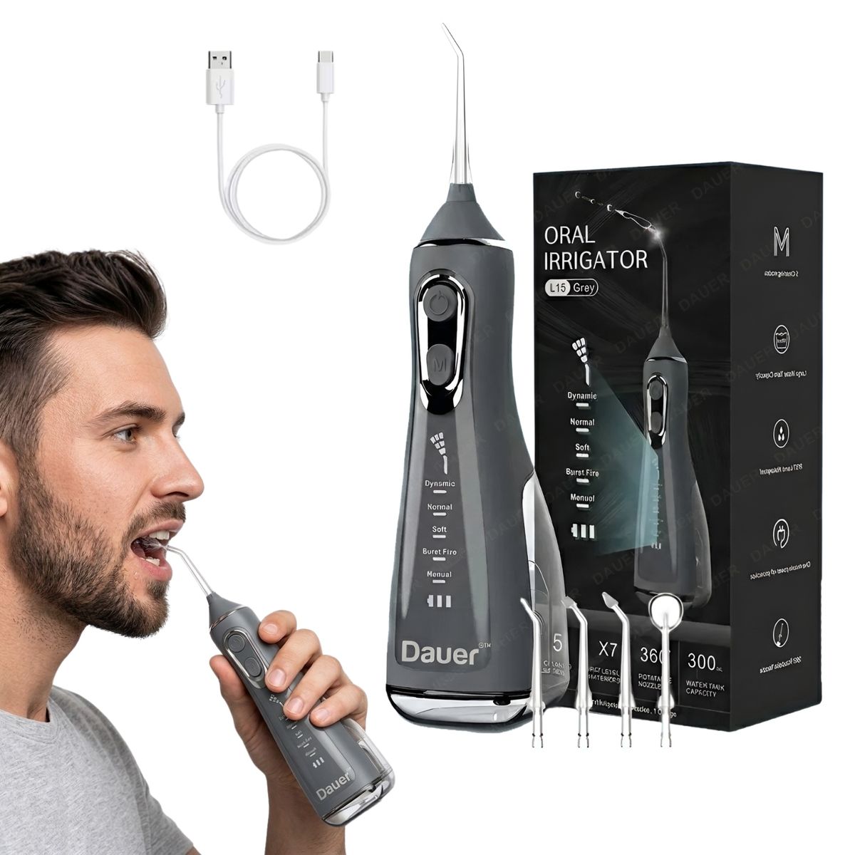DAUER - Irrigador Bucal Profesional Dauer 5 Modos + 4 Boquillas, Presión Agua Regulable y Pantalla Led