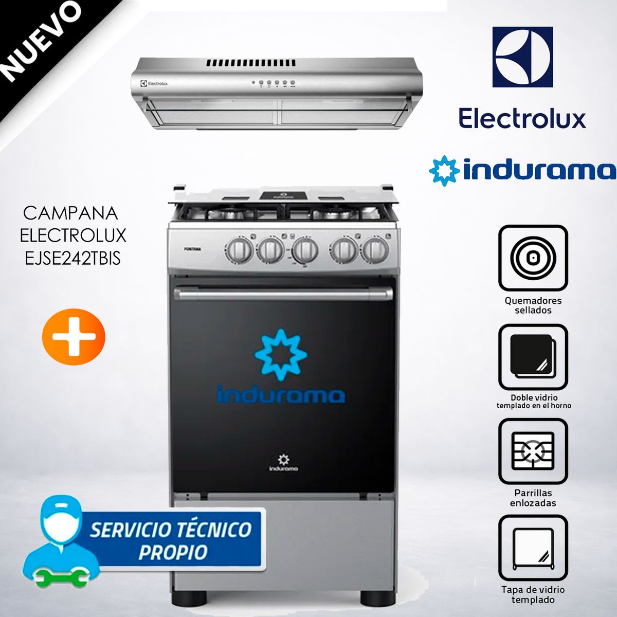 INDURAMA - Cocina a Gas Indurama de 4 Hornillas Fontana - EXTRACTOR EJSE242TBIS