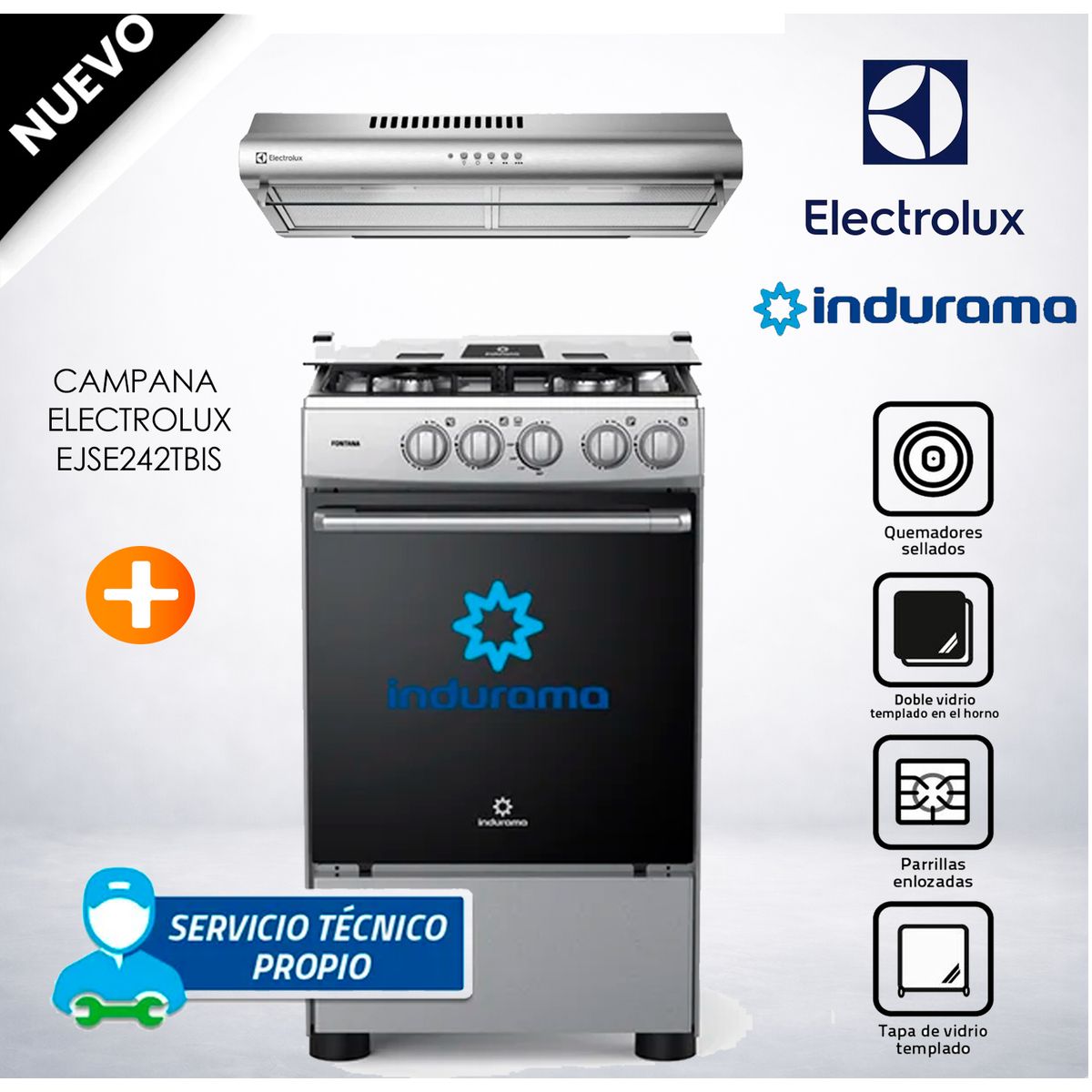 INDURAMA - Cocina a Gas Indurama de 4 Hornillas Fontana - EXTRACTOR EJSE242TBIS