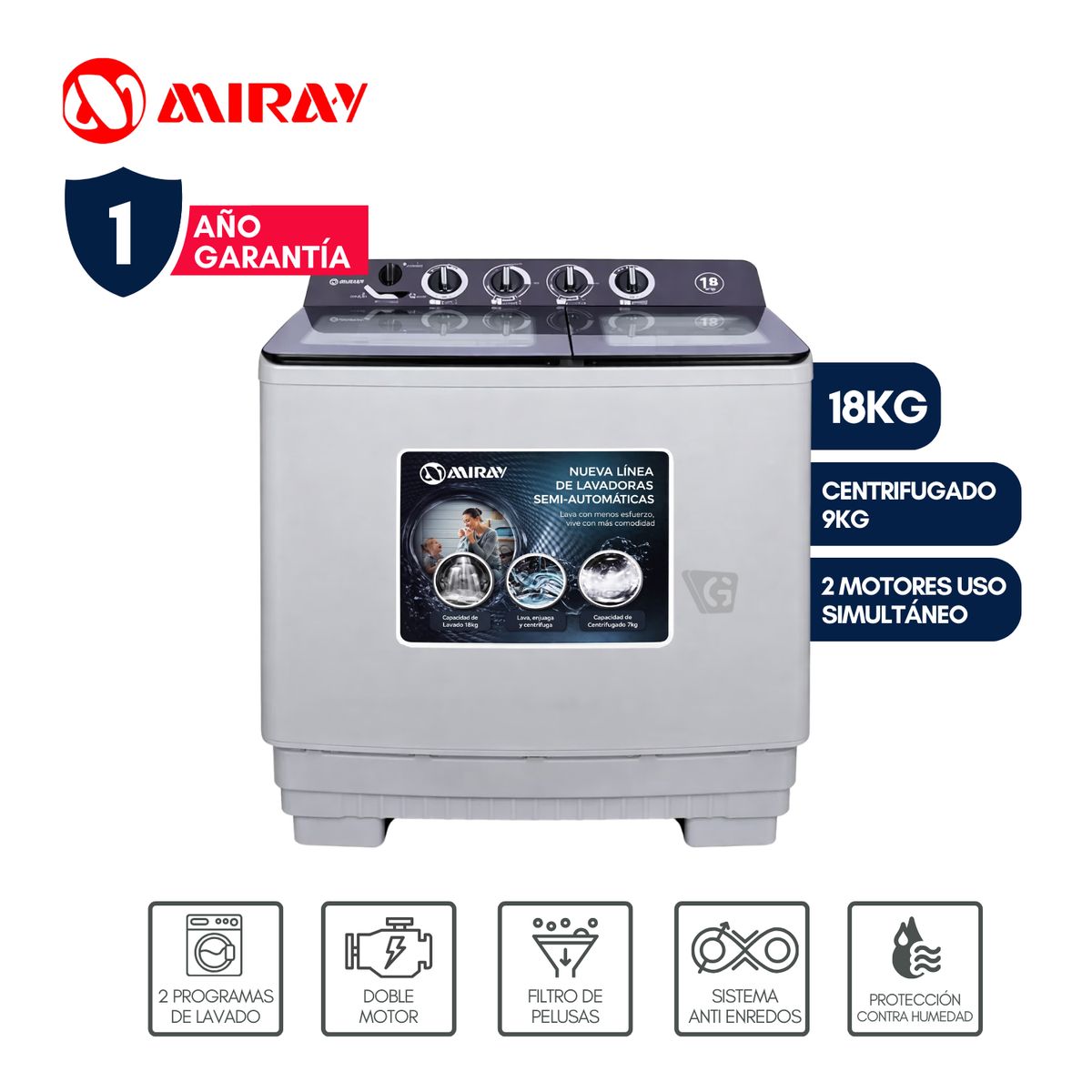 MIRAY - Lavadora Semiautomática Miray LMS-1895 18kg