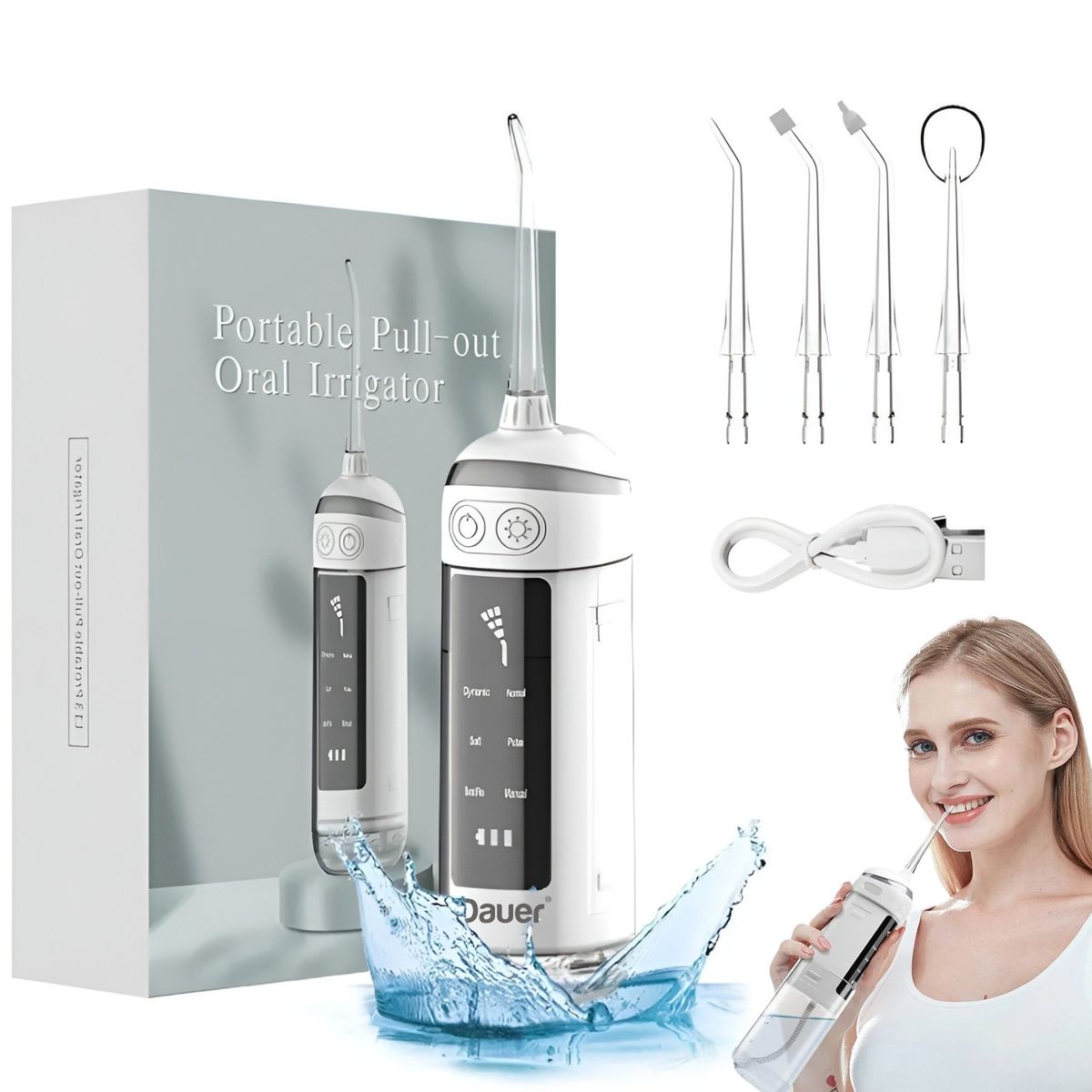 DAUER - Irrigador Bucal Pro Dauer de Bolsillo 6 Modos + 4 Boquillas, Limpieza Profunda y Pantalla Led