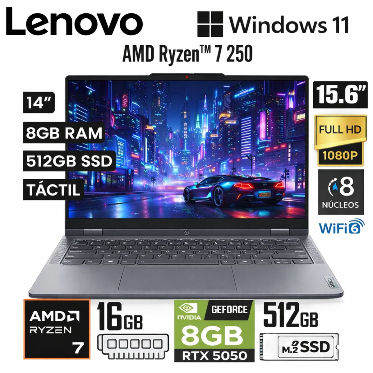 LENOVO - Laptop Lenovo LOQ 15AHP10 AMD Ryzen 7 250 16GB RAM 512GB SSD RTX 5050-8GB 15.6" FHD 144HZ  83JG007VLM