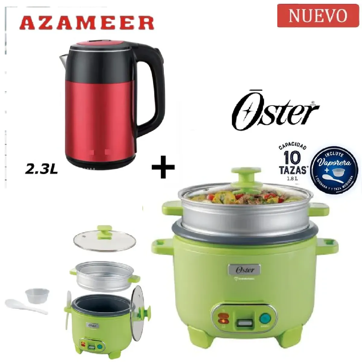 OSTER - Combo Olla Arrocera Función de Sofrito Vaporera GRN- Hervidor 2,3LR