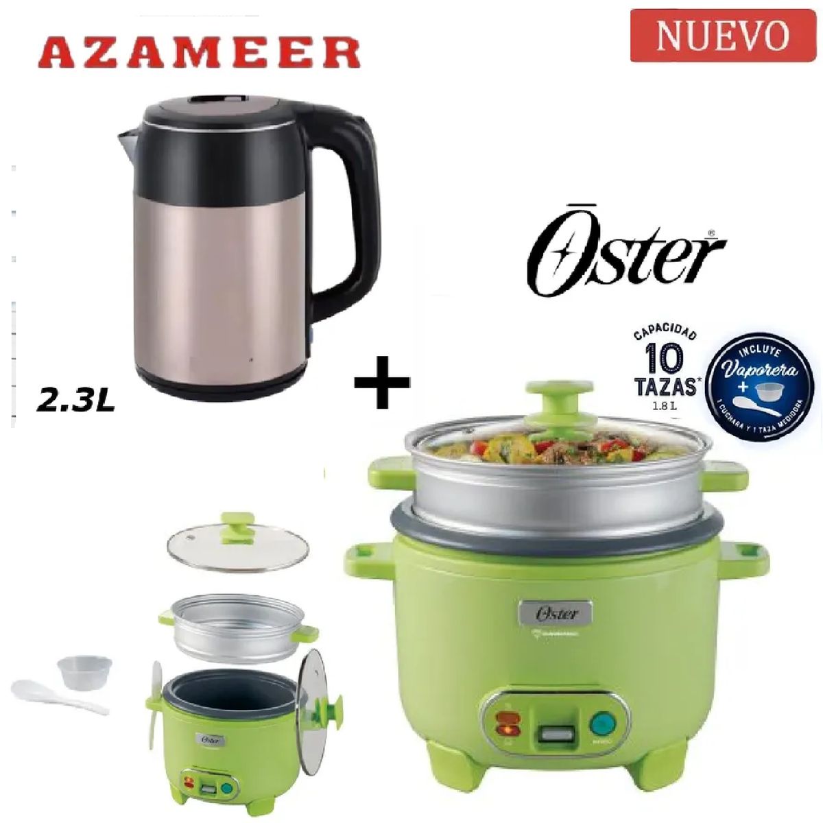 OSTER - Combo Olla Arrocera Función de Sofrito Vaporera GRN- Hervidor 2,3LP