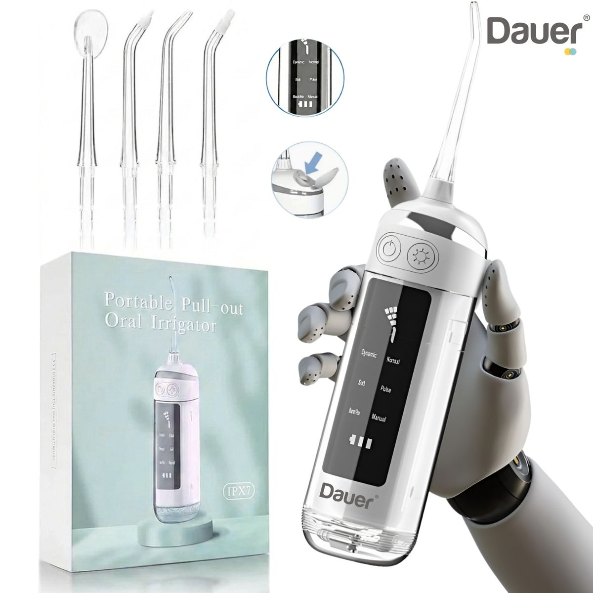 DAUER - Irrigador Dental POCKET PRO Electrico Dauer Profesional 180ml de 6 Modos de trabajo y 4 Boquillas