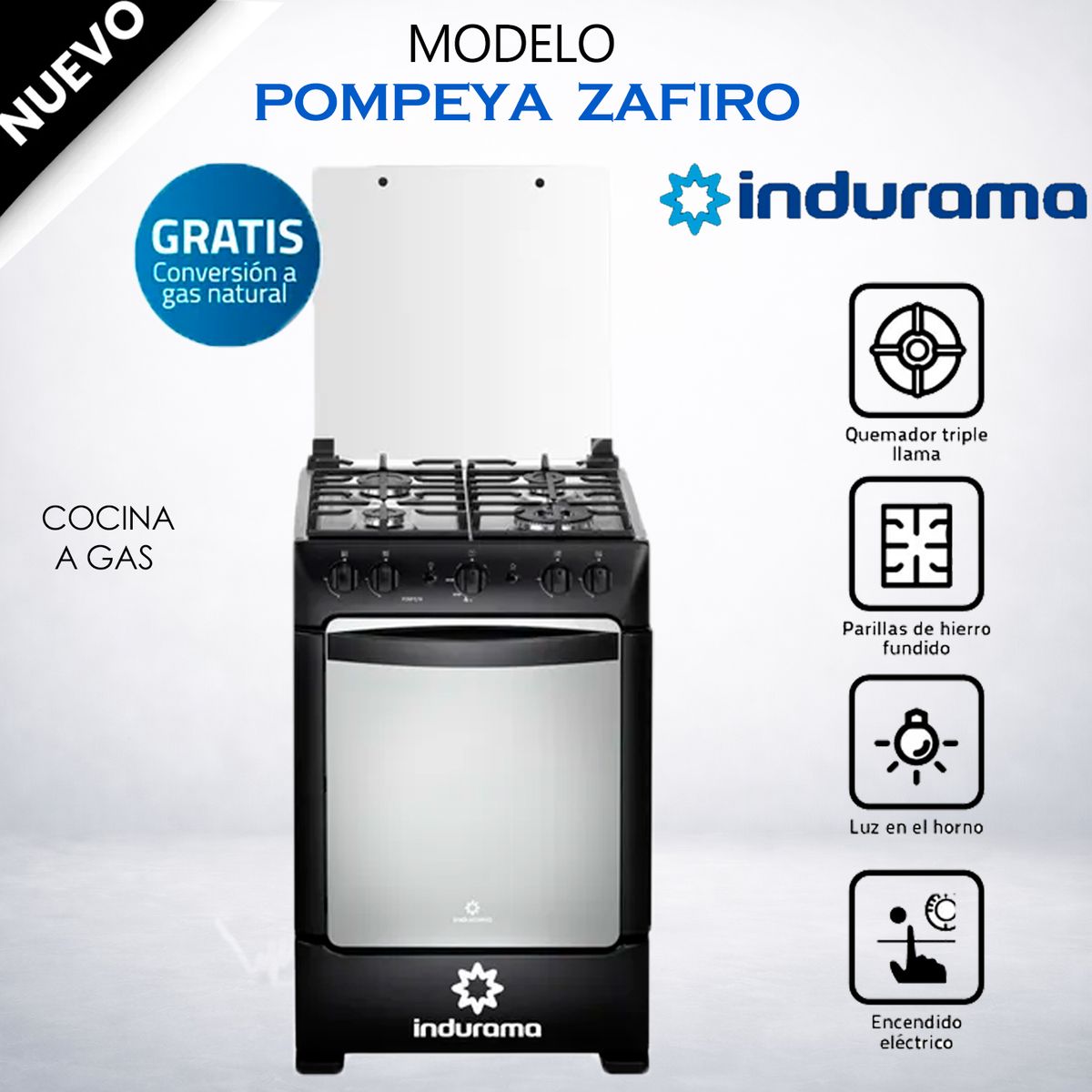 INDURAMA - Cocina a Gas INDURAMA 4 Quemadores POMPEYA Negro