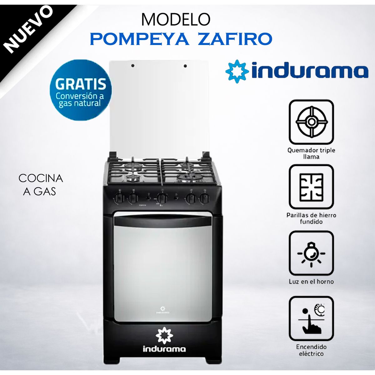 INDURAMA - Cocina a Gas INDURAMA 4 Quemadores POMPEYA Negro