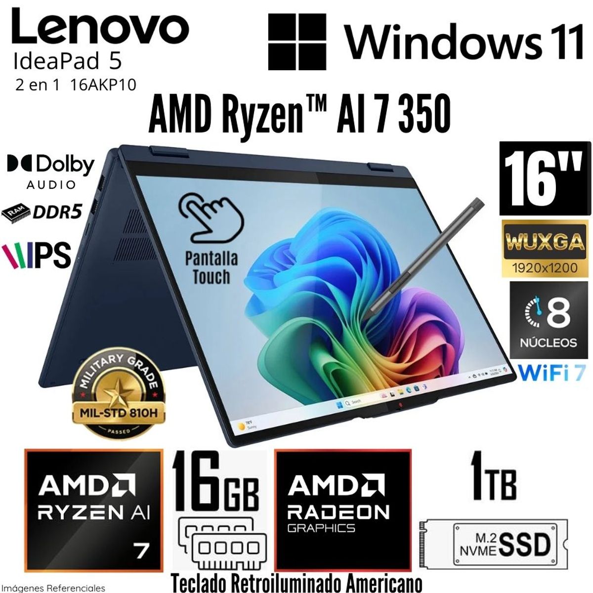 LENOVO - Laptop Lenovo IdeaPad 5 2en 1 16AKP10 AMD Ryzen AI 7 350 16GB RAM 1TB SSD 16"  WUXGA TouchScreen
