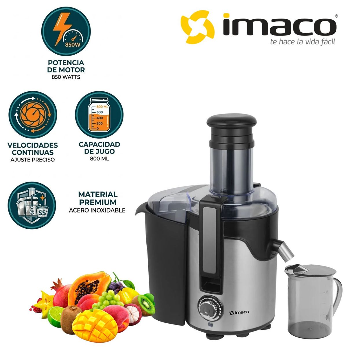 IMACO - Extractor de Jugos Imaco JE850FC 850w Acero Jarra 800 ml