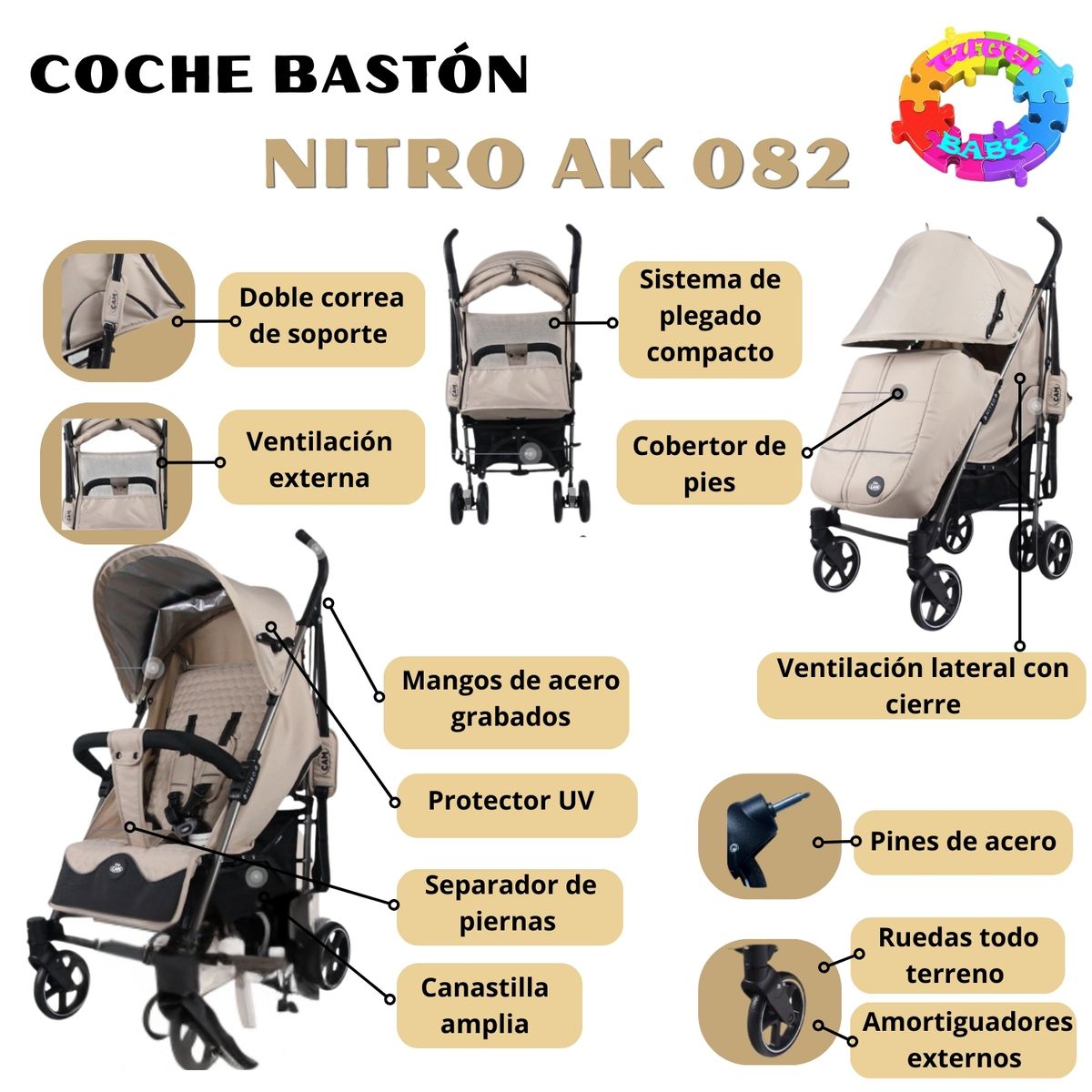 HI BABY - Coche Bastón de Lujo “NITRO AK - 082 BEIGE  EDITION”