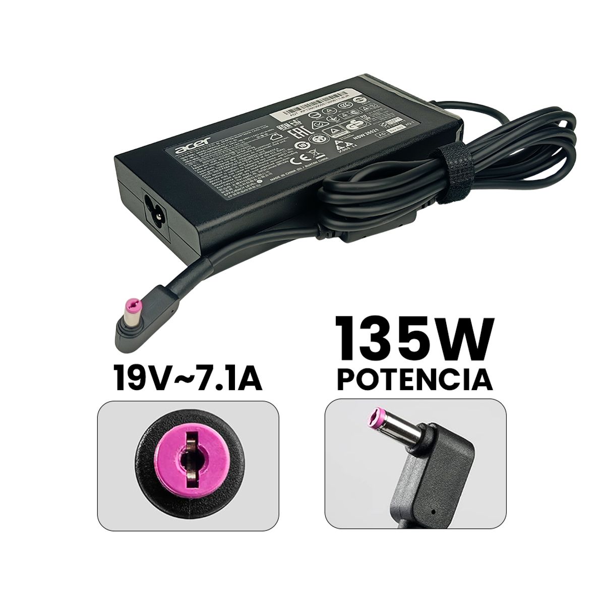 ACER - Cargador Acer 135W 19V 7.1A Punta Morada 5.5x1.7 para Nitro 5 Laptop Gaming