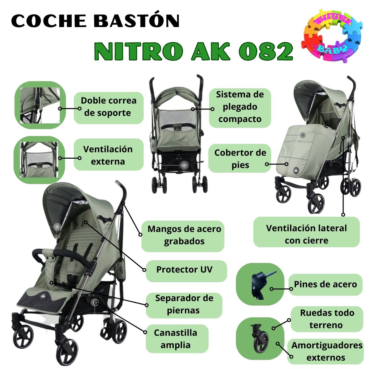 HI BABY - Coche Bastón de Lujo “NITRO AK - 082 GREEN EDITION
