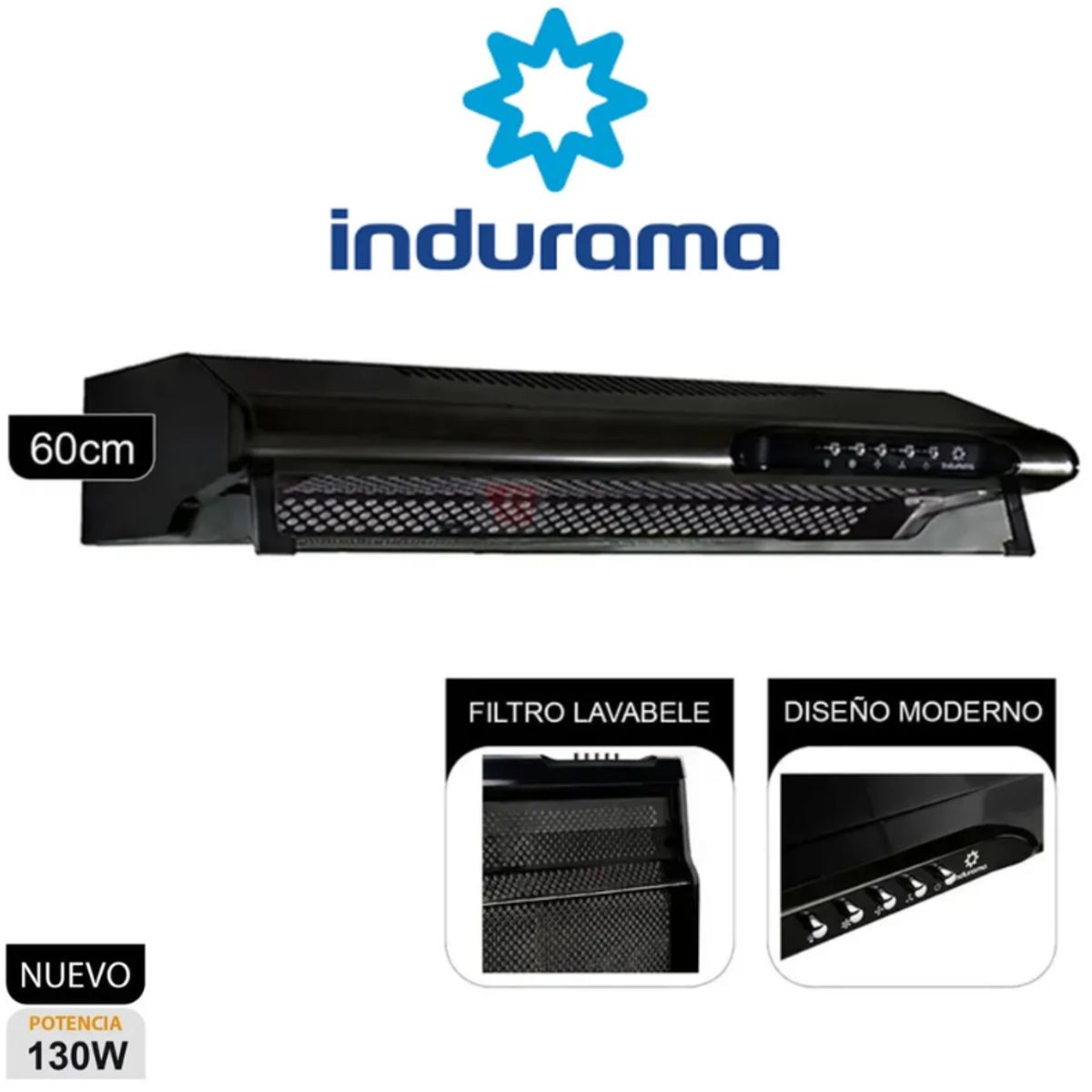 INDURAMA - CAMPANA INDURAMA 60CM EXTRACTORA CEI-602NE 3 VELOCIDADES NEGRO