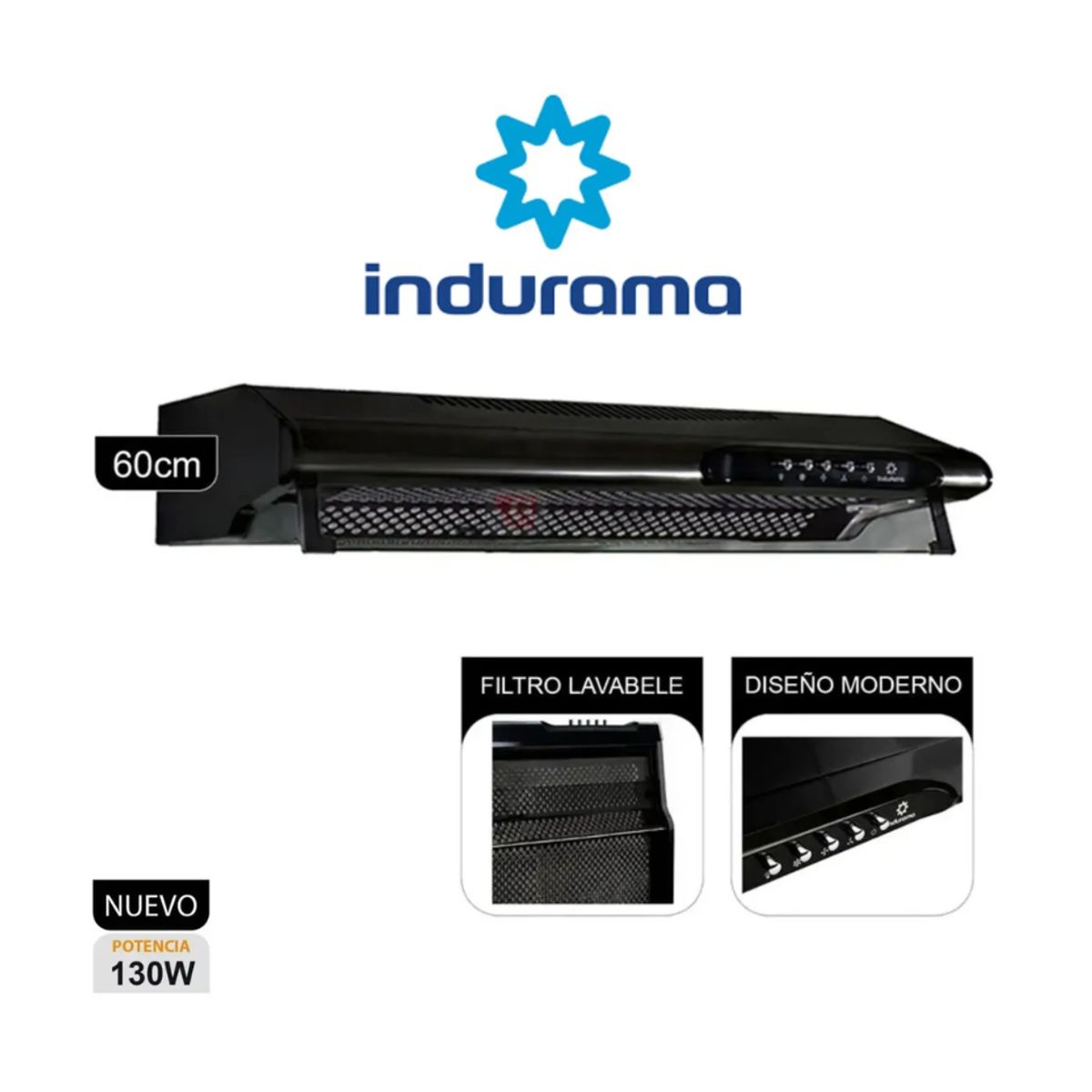 INDURAMA - CAMPANA INDURAMA 60CM EXTRACTORA CEI-602NE 3 VELOCIDADES NEGRO