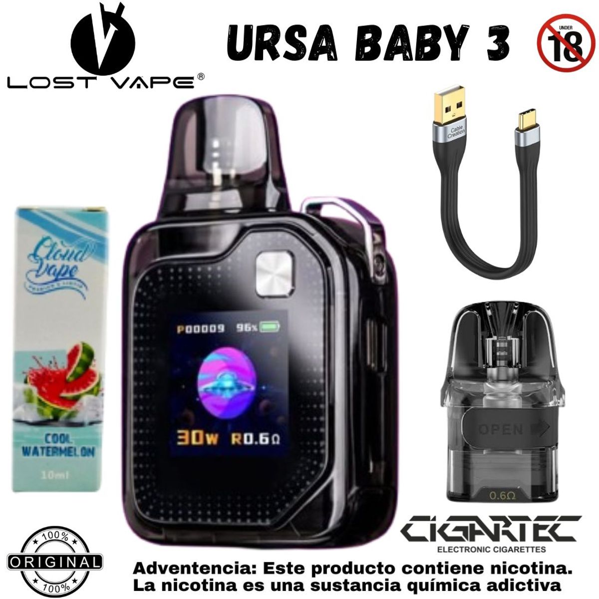 VAPE - VAPER  LOST VAPE URSA BABY 3 KIT  MAS LIQUIDO DE 10ML DE REGALO