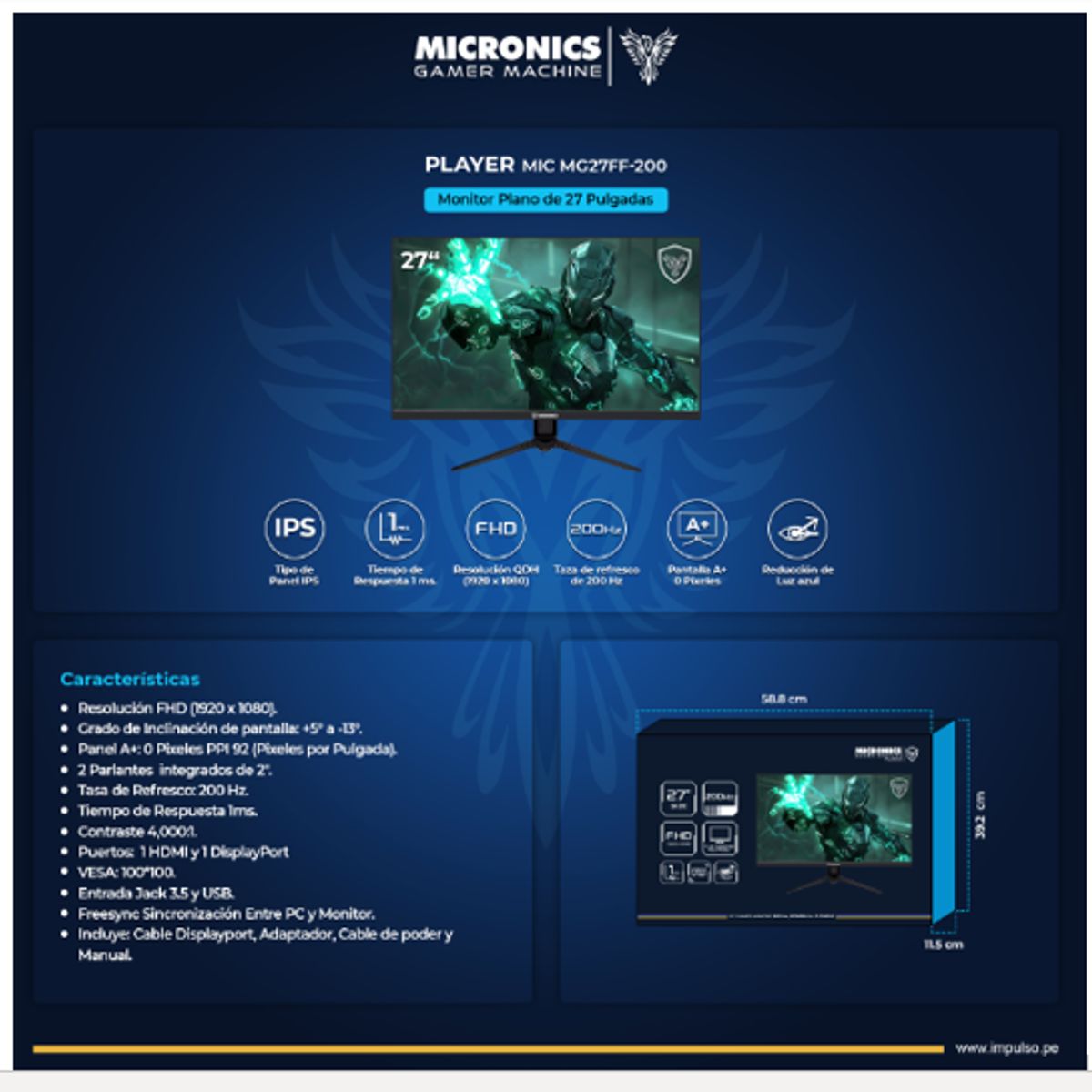 MICRONICS - Monitor Gamer PLAYER MIC MG27FF-200 27 FHD 1920x1080 200Hz MICRONICS