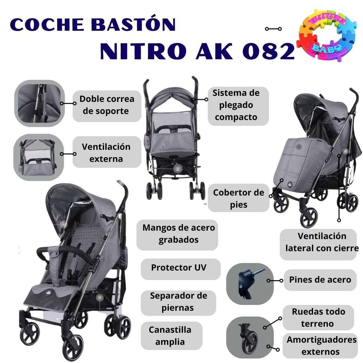 HI BABY - Coche Bastón de Lujo “NITRO AK - 082 GREY EDITION”