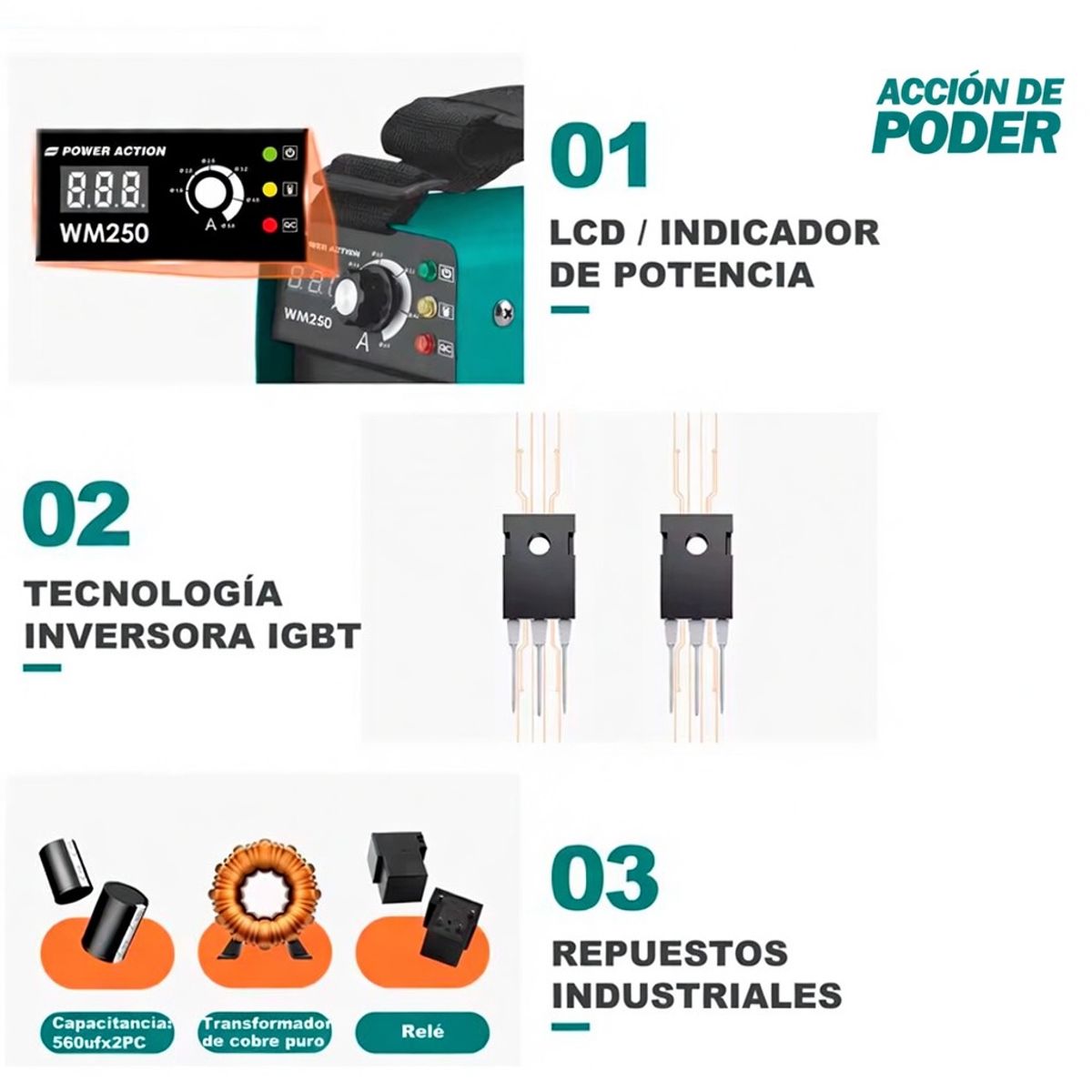POWER ACTION - Máquina de Soldadura TIG MIG Portátil Automática con Inversor IGBT, Modelo WM250