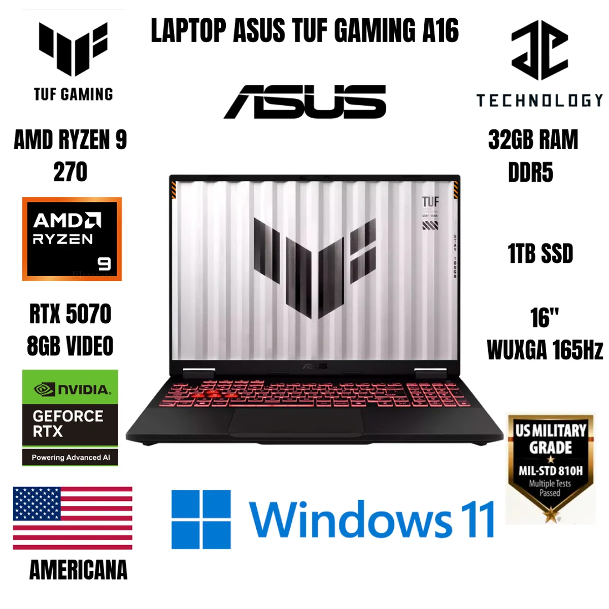 ASUS - LAPTOP ASUS TUF A16 AMD RYZEN 9 270 / 32GB RAM DDR5 / 1TB SSD / RTX 5070 8GB VIDEO