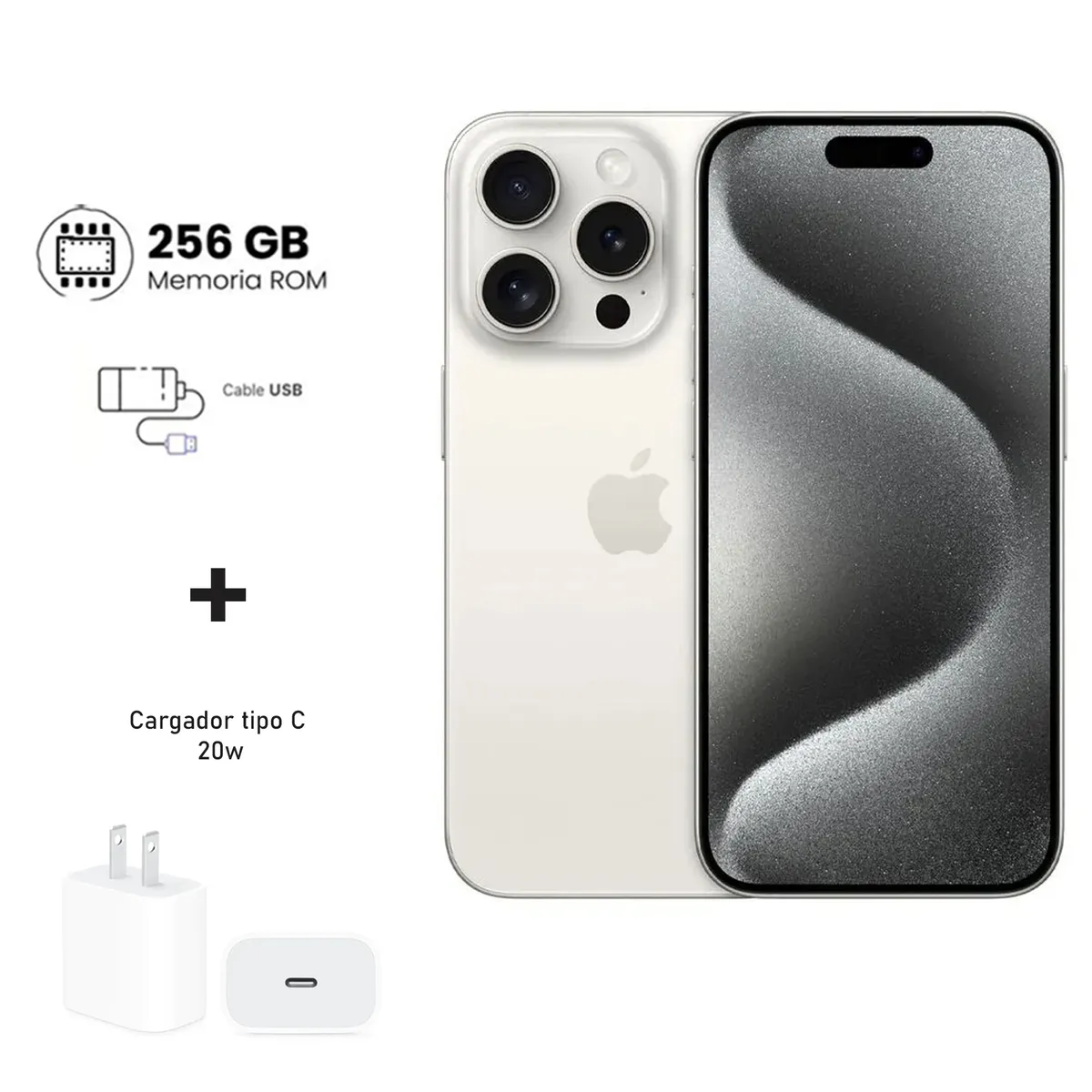 Apple Iphone 15 Pro 256gb Blanco White Titanium + Kit de carga. Reacondicionado A2848, marca APPLE - Foto Principal