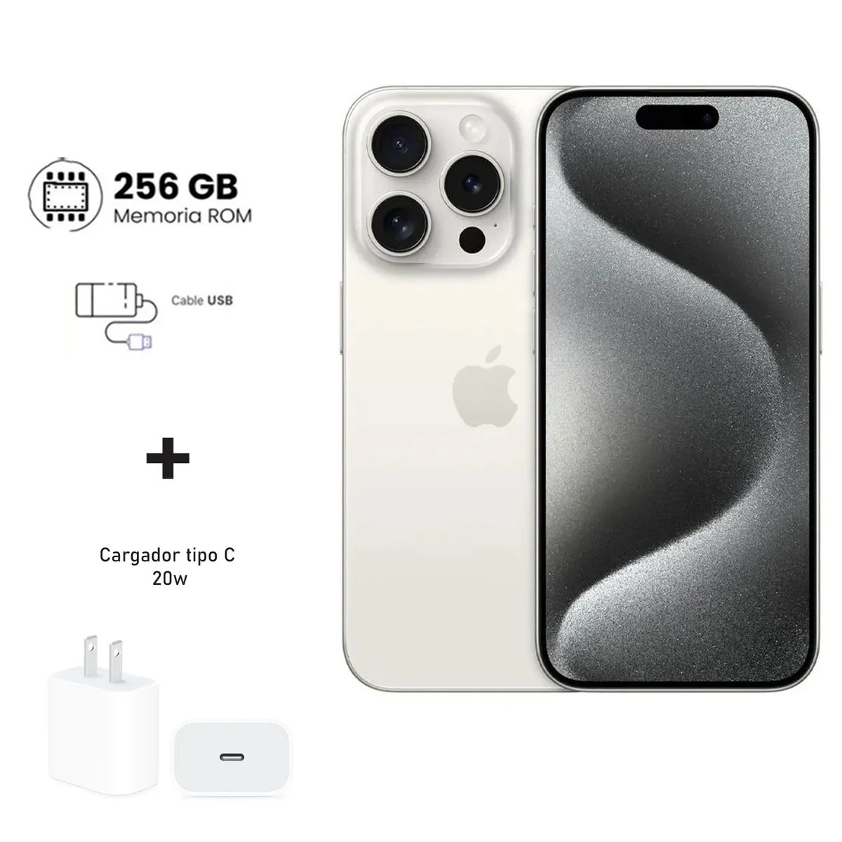 Apple Iphone 15 Pro 256gb Blanco White Titanium + Kit de carga. Reacondicionado A2848, marca APPLE - Foto Principal