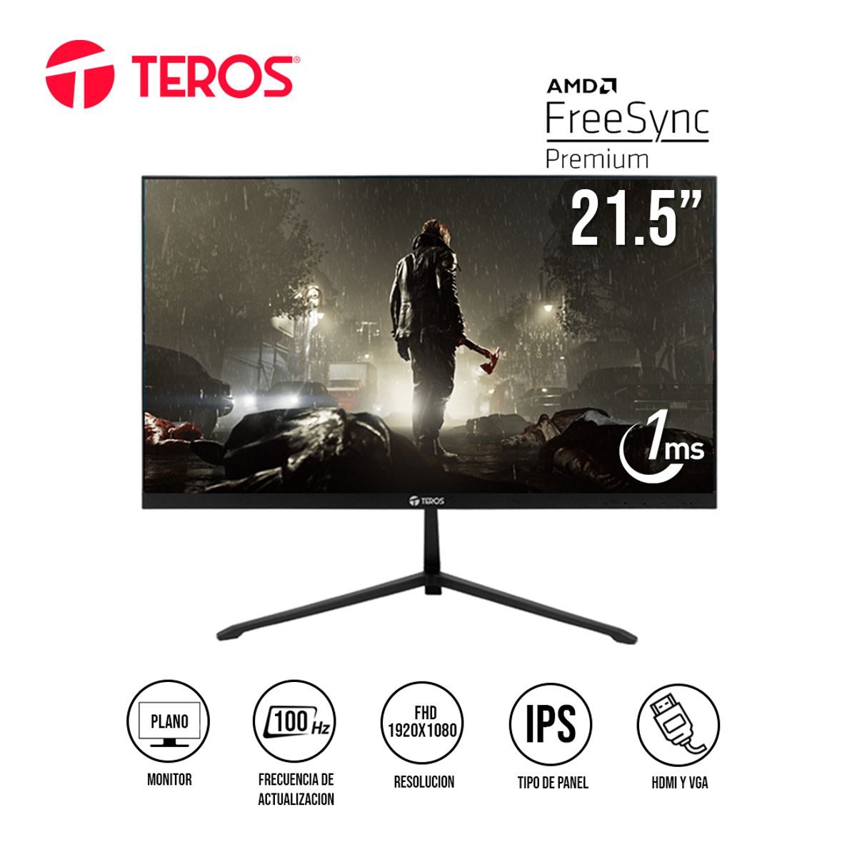 S&T - Monitor Plano Teros TE-2128S 21.5pul FHD IPS 100Hz 1ms HDMI Y VGA - Negro