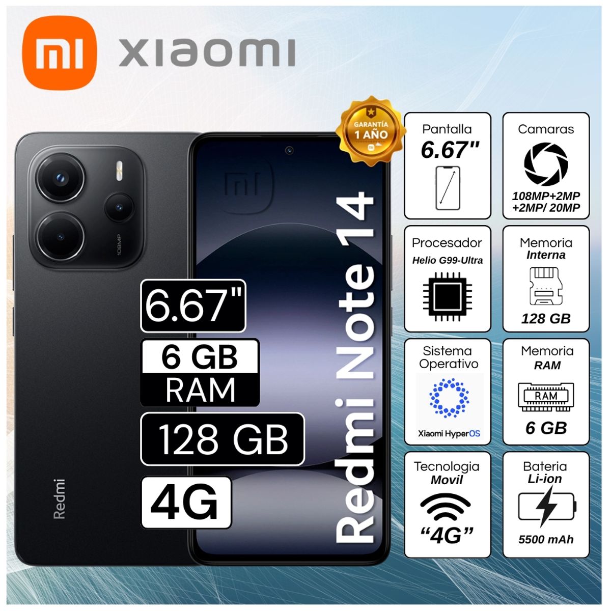 XIAOMI - Celular Xiaomi Redmi Note 14 6GB RAM 128GB 6.67"  Pulg. Xiaomi HyperOS -  Midnight Black