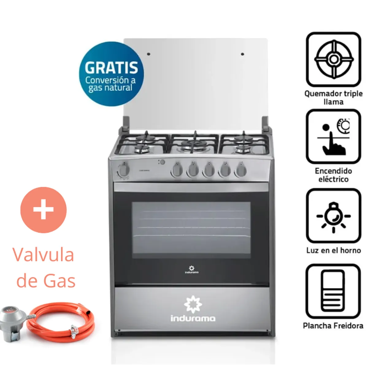 INDURAMA - Cocina a Gas INDURAMA 5 Quemadores Cantabria QZ Croma + Válvula de Gas