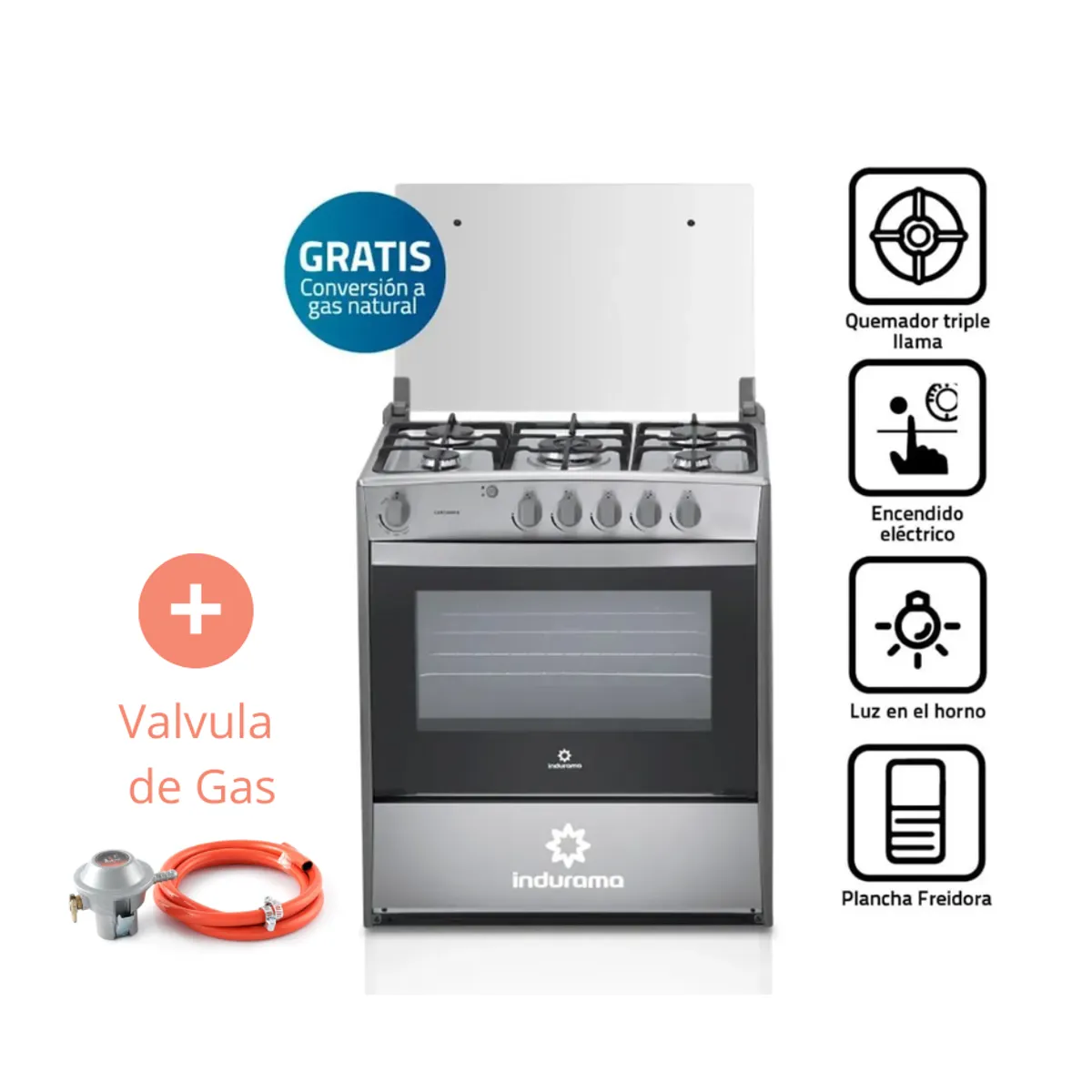 INDURAMA - Cocina a Gas INDURAMA 5 Quemadores Cantabria QZ Croma + Válvula de Gas