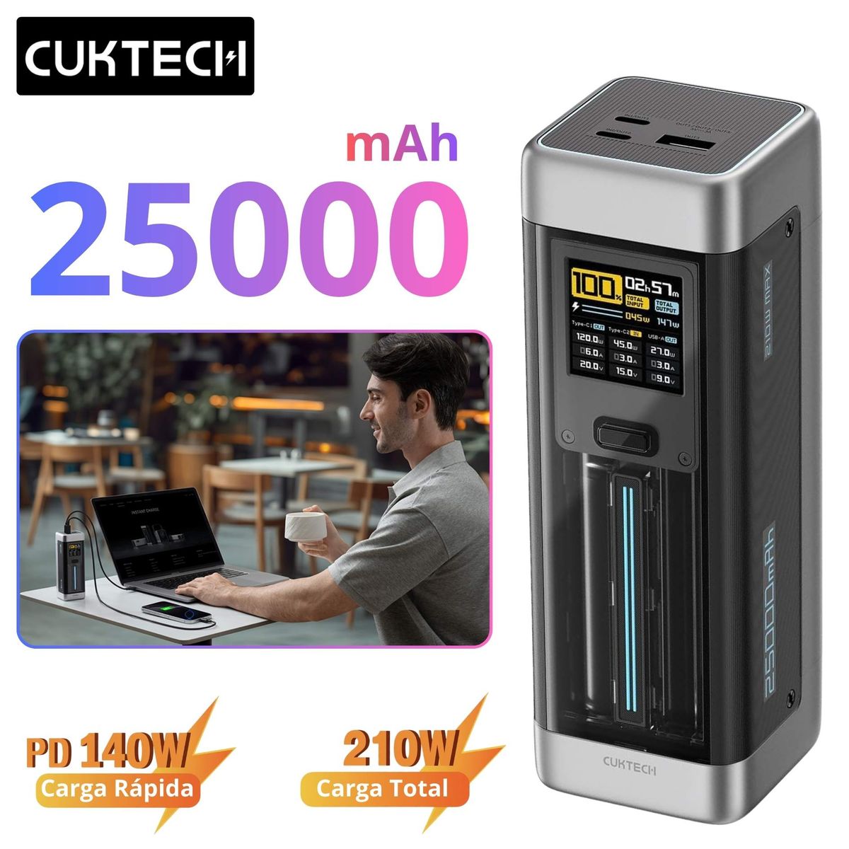 SEISA - Power Bank 25000mAh CUKTECH PD3.1 Carga Rápida 140W Carga Total 210W  Bateria Portatil MacBook