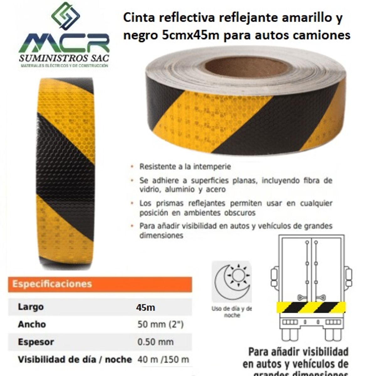 Cinta reflectiva reflejante amarillo y negro 5cmx45m para autos camiones, marca GENERICO - Foto Principal