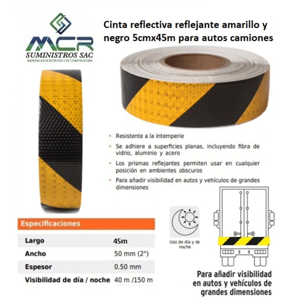 Cinta reflectiva reflejante amarillo y negro 5cmx45m para autos camiones, marca GENERICO - Foto Principal