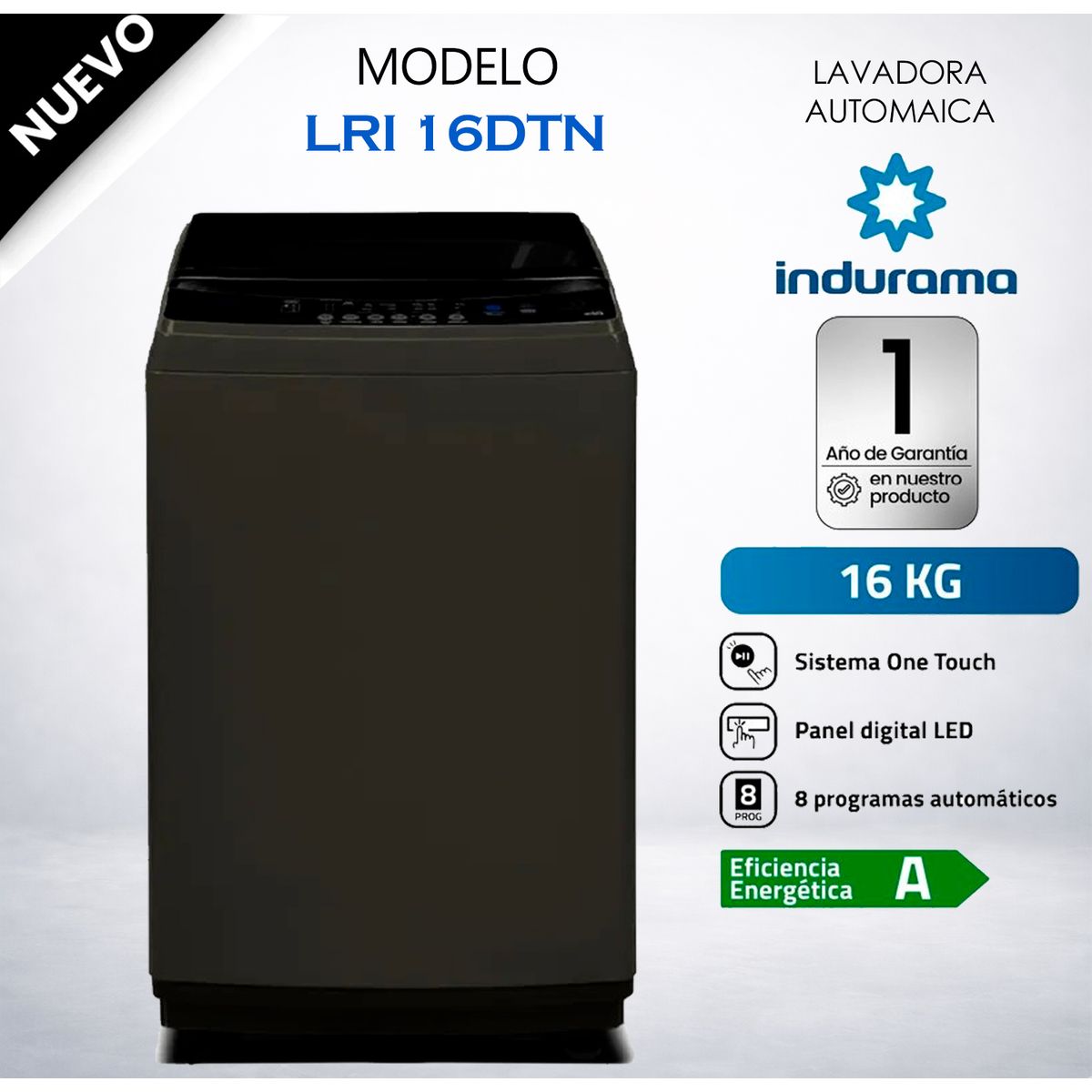 INDURAMA - Lavadora Automatica 16Kg Negra Indurama - LRI-16DTN