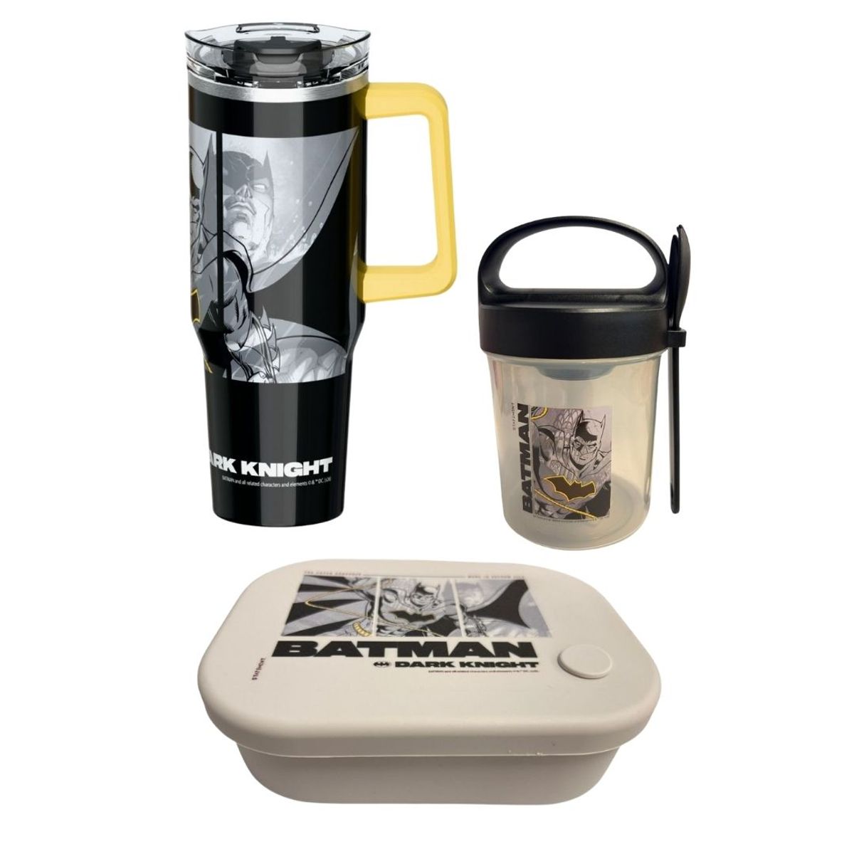 CHILDRENS CLUB - Pack Escolar Batman Mug Vaso con Cañita 1200ml +Taper con Cuchara 560ml + Taper Silicona 770ml