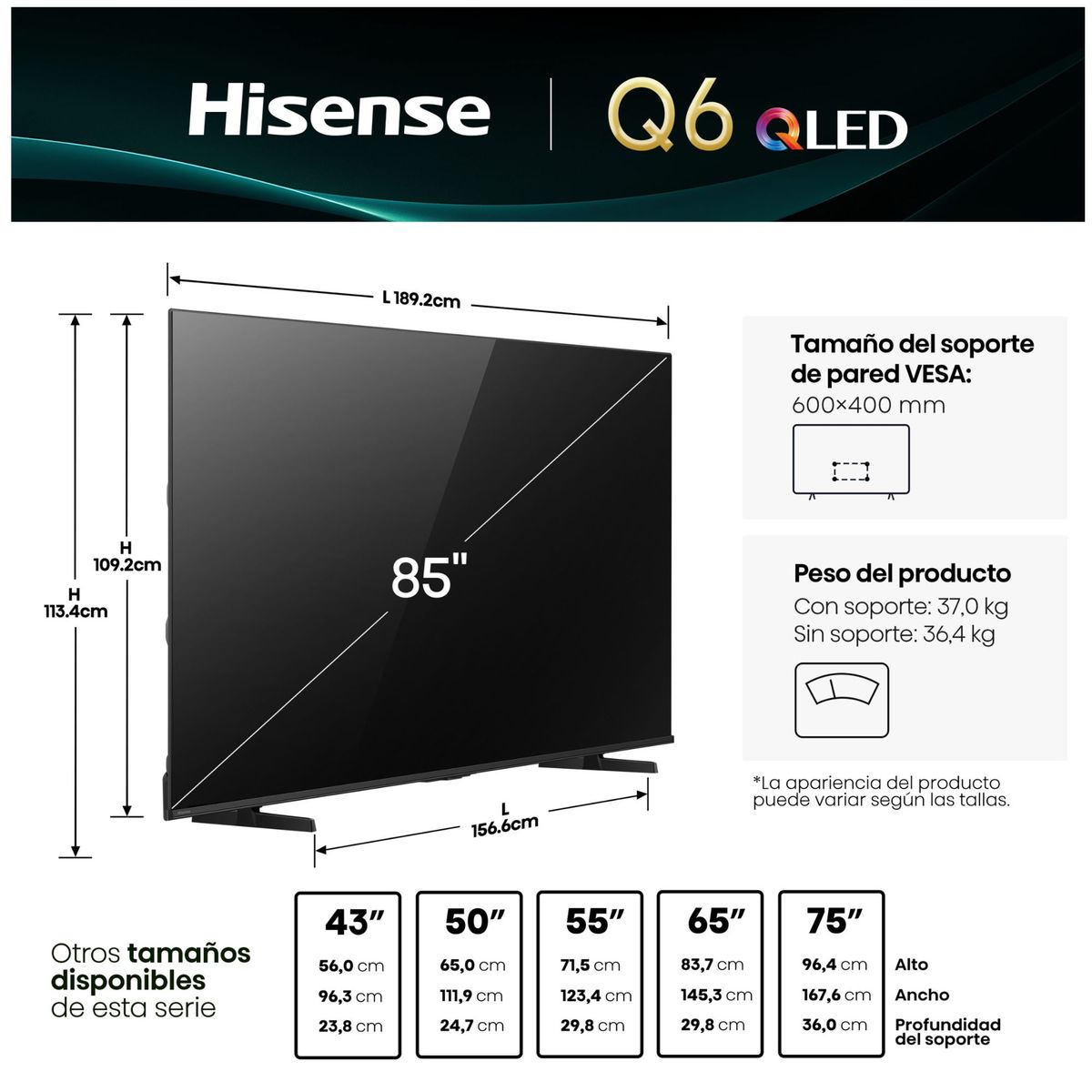 HISENSE - Televisor Hisense QLED 85"  UHD 4K SMART TV 85Q6QV
