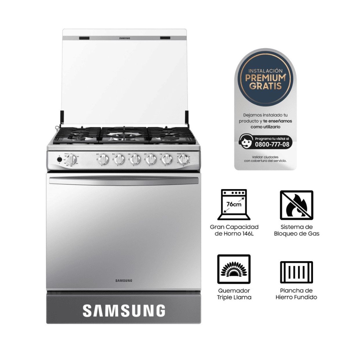 SAMSUNG - COCINA A GAS SAMSUNG NX52T7322PS GLP/GN 5 HORNILLAS MIRROR LOOK PLATA