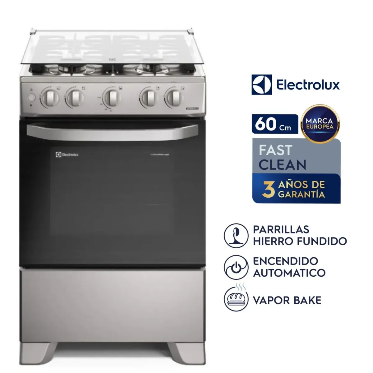 ELECTROLUX - Cocina Electrolux 4 Quemadores Efficient VaporBake y Parrilla Hierro Fundido Silver FE4ISR