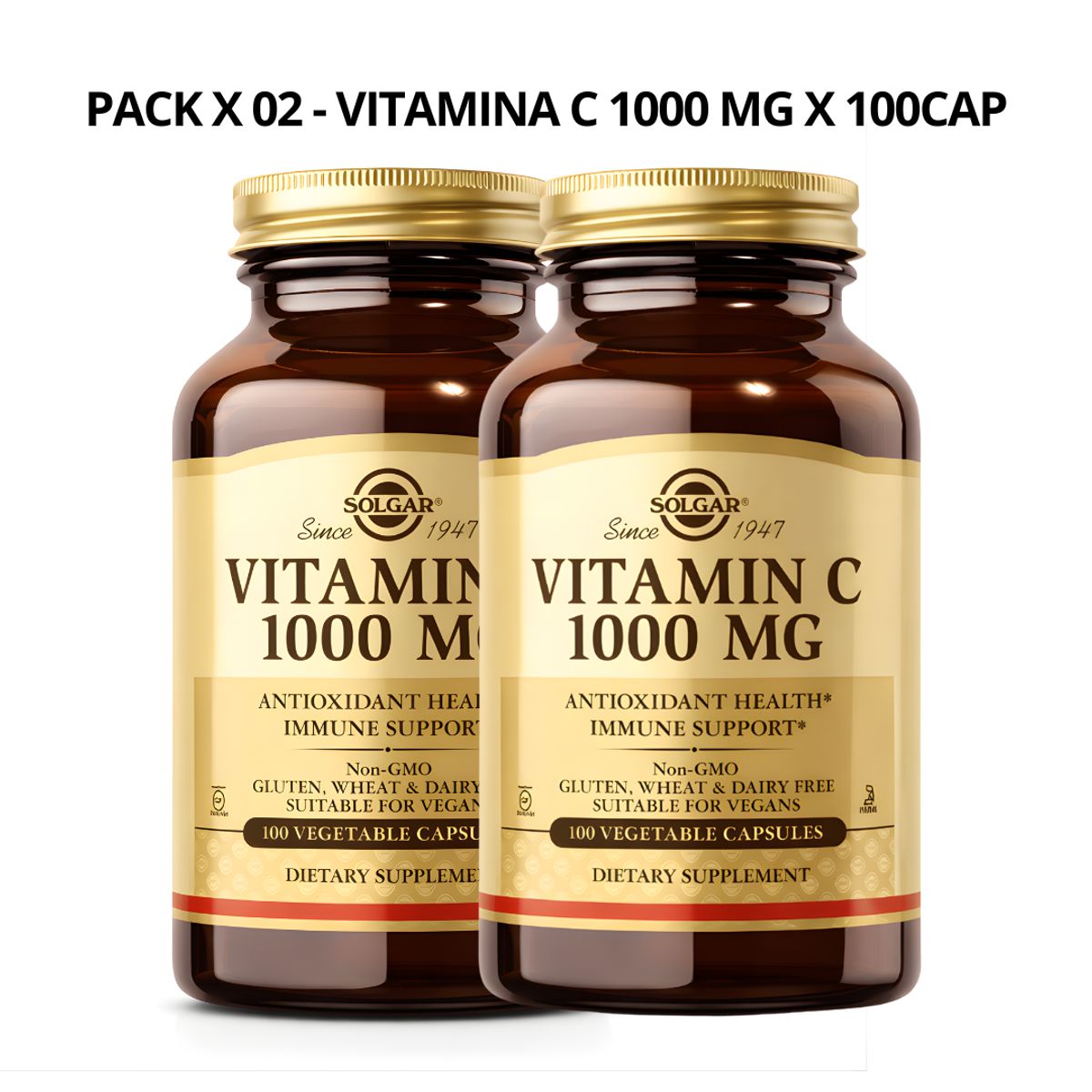 SOLGAR - PACK X 02 - Vitamina C Solgar 1000 mg / Vitamin C Solgar - 100 Cápsulas.