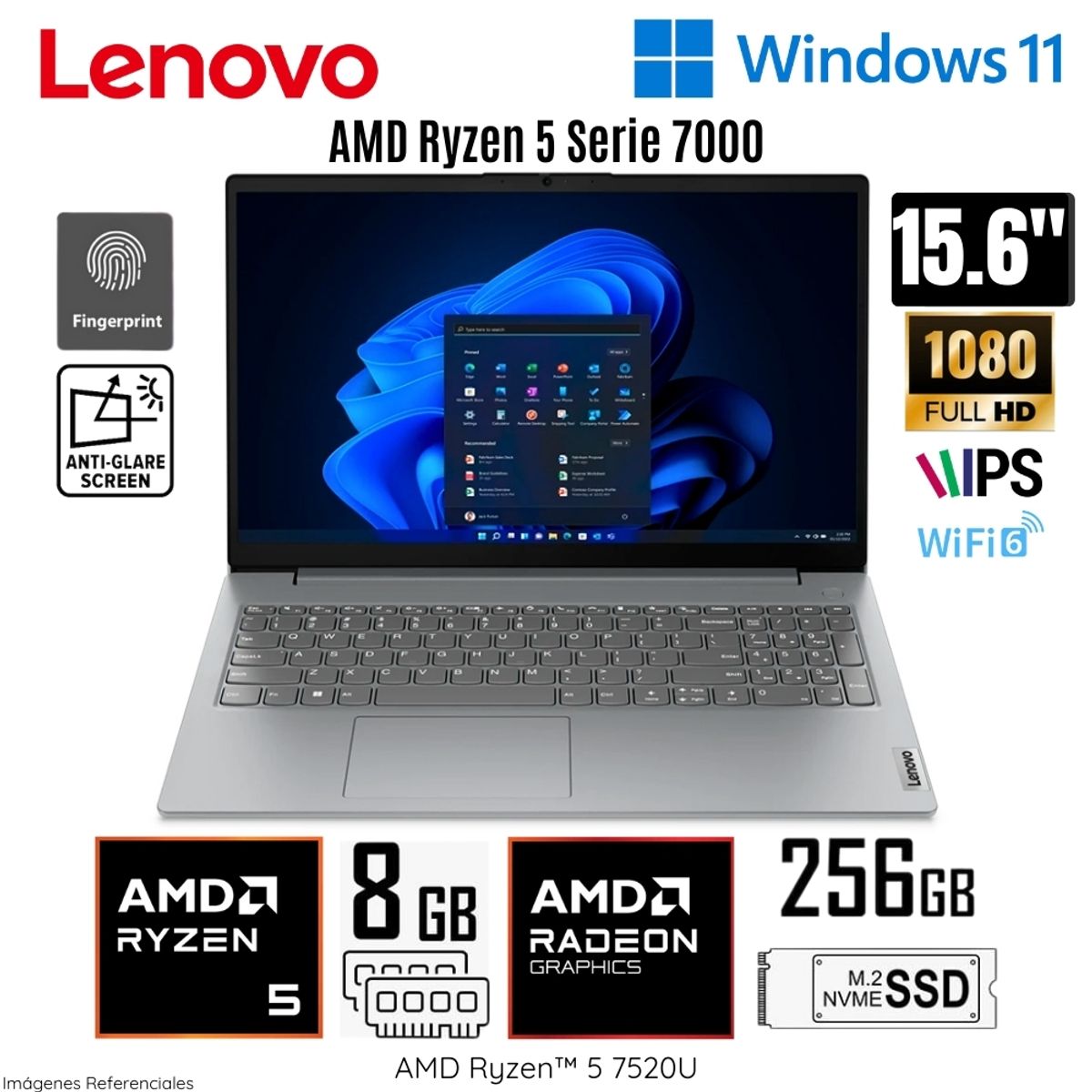 LENOVO - Laptop Lenovo V15 G4 AMN  AMD Ryzen 5-7520U 8GB RAM 256GB SSD 15.6"  FHD Artic Grey - 82YU00X6LM