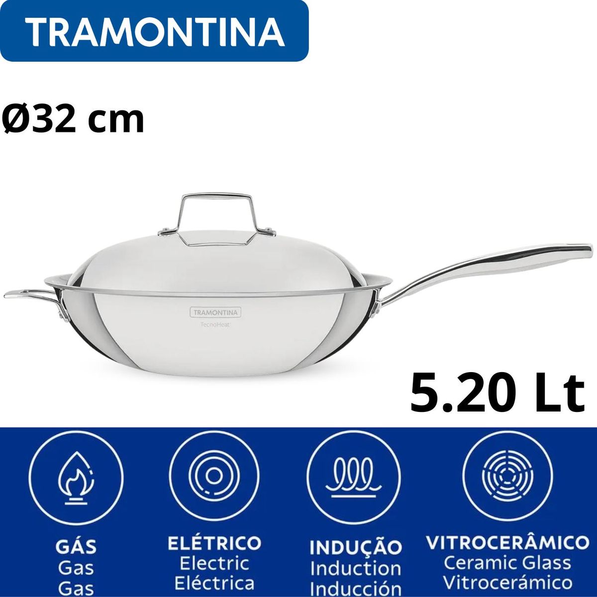 Sartén Wok Grano de Acero Inoxidable 5.2 Lt Tramontina Ø32 cm, marca TRAMONTINA - Foto Principal