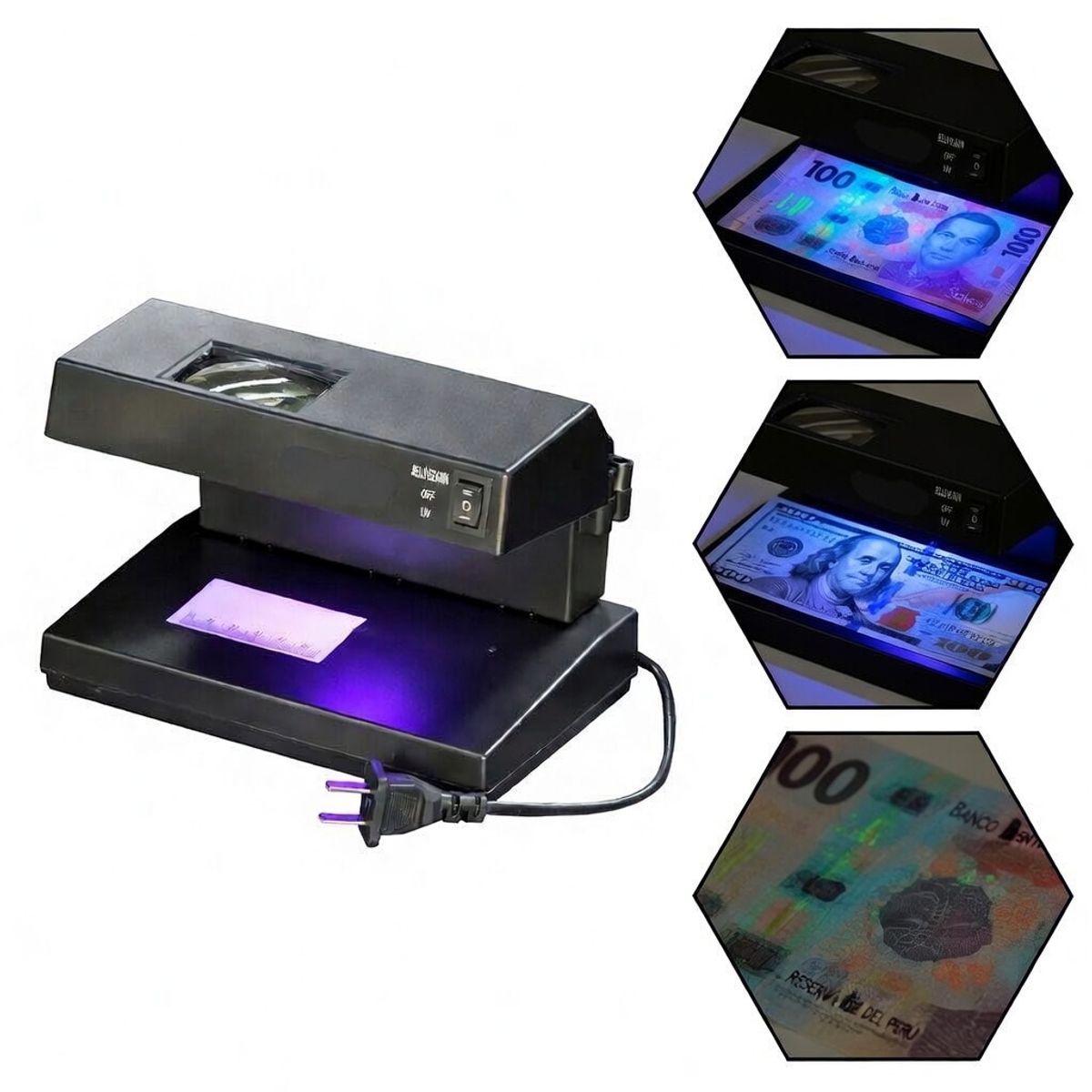 OEM - Máquina Detectora de Billetes Falsos UV + Luz Blanca - Verificador Multimoneda con Lupa