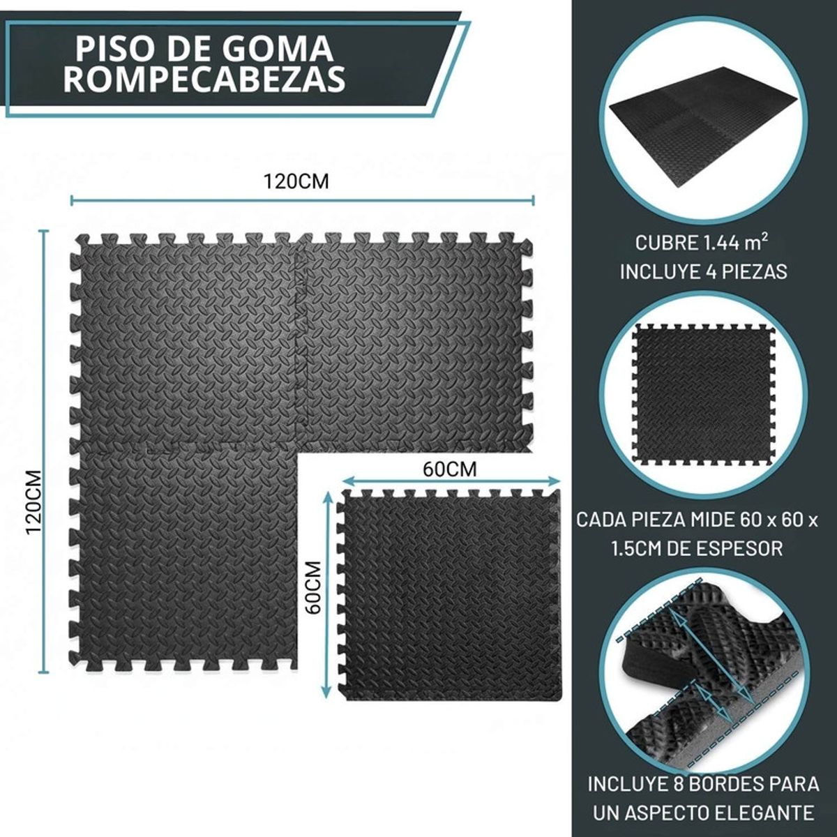PENTHA - Piso de Goma 15mm para Gimnasio 60x60 cm Set X4