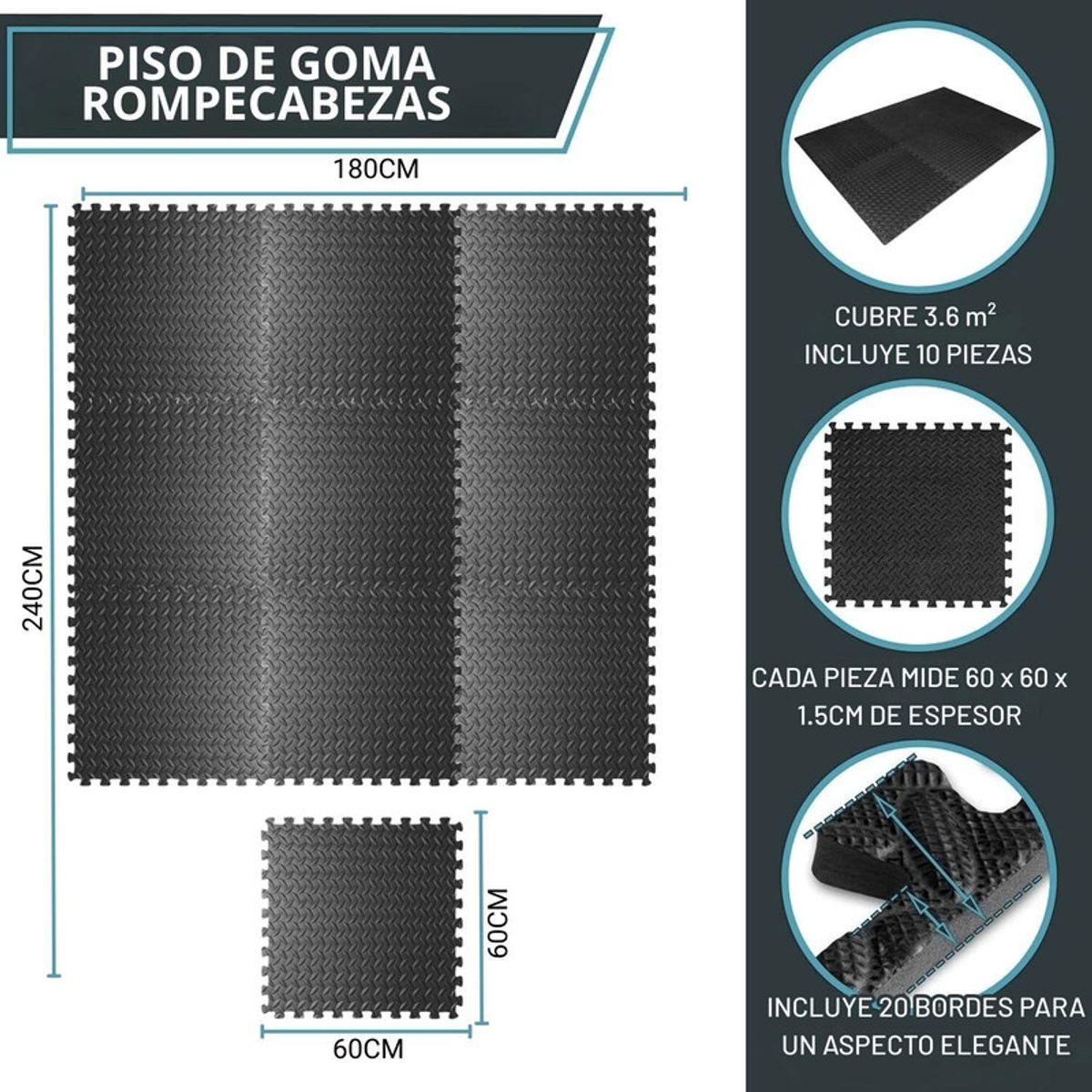 PENTHA - Piso de Goma 15mm para Gimnasio 60x60 cm Set X10
