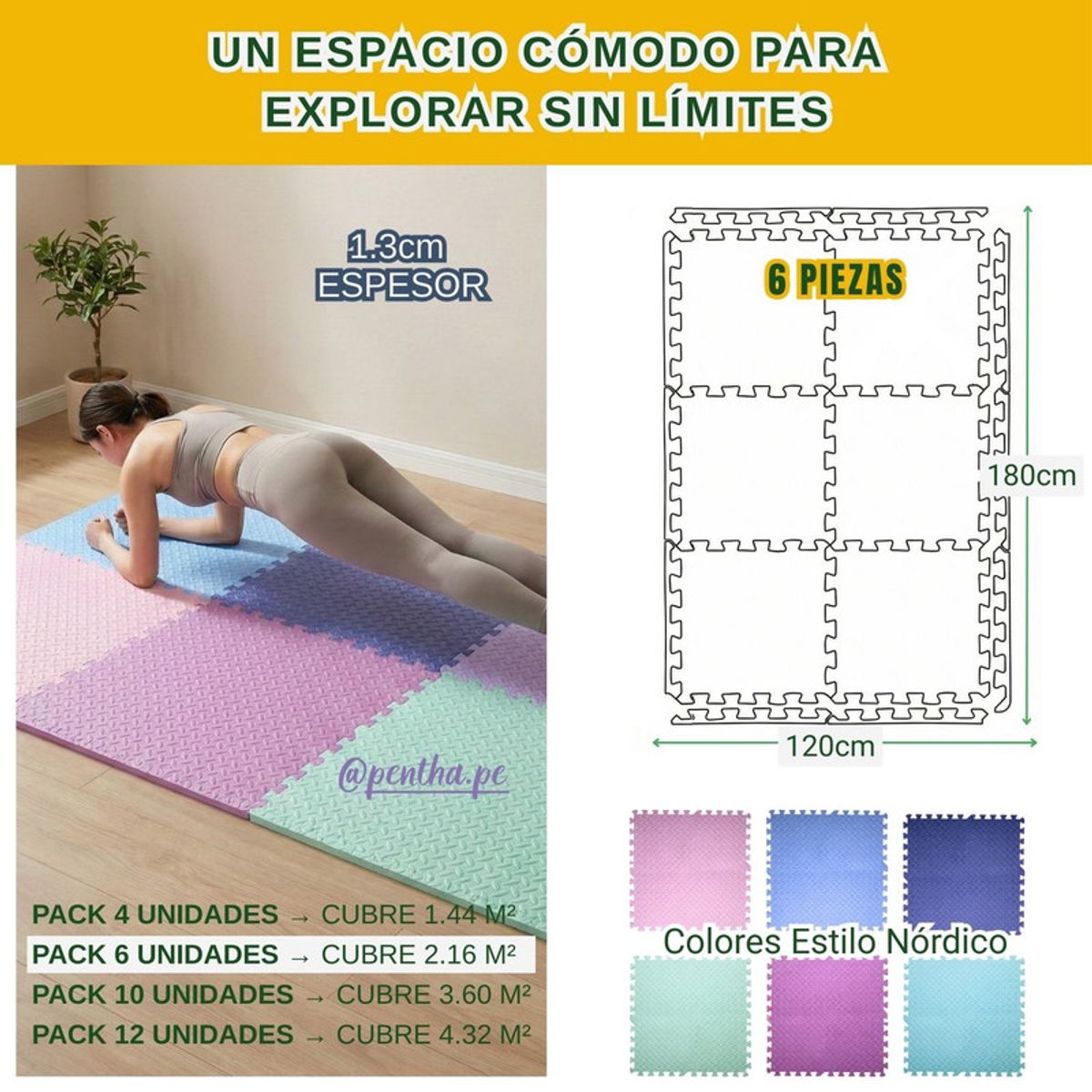 PENTHA - Piso Eva de Goma Niños 60x60x1.3cm Pack Nórdico 6 Unid